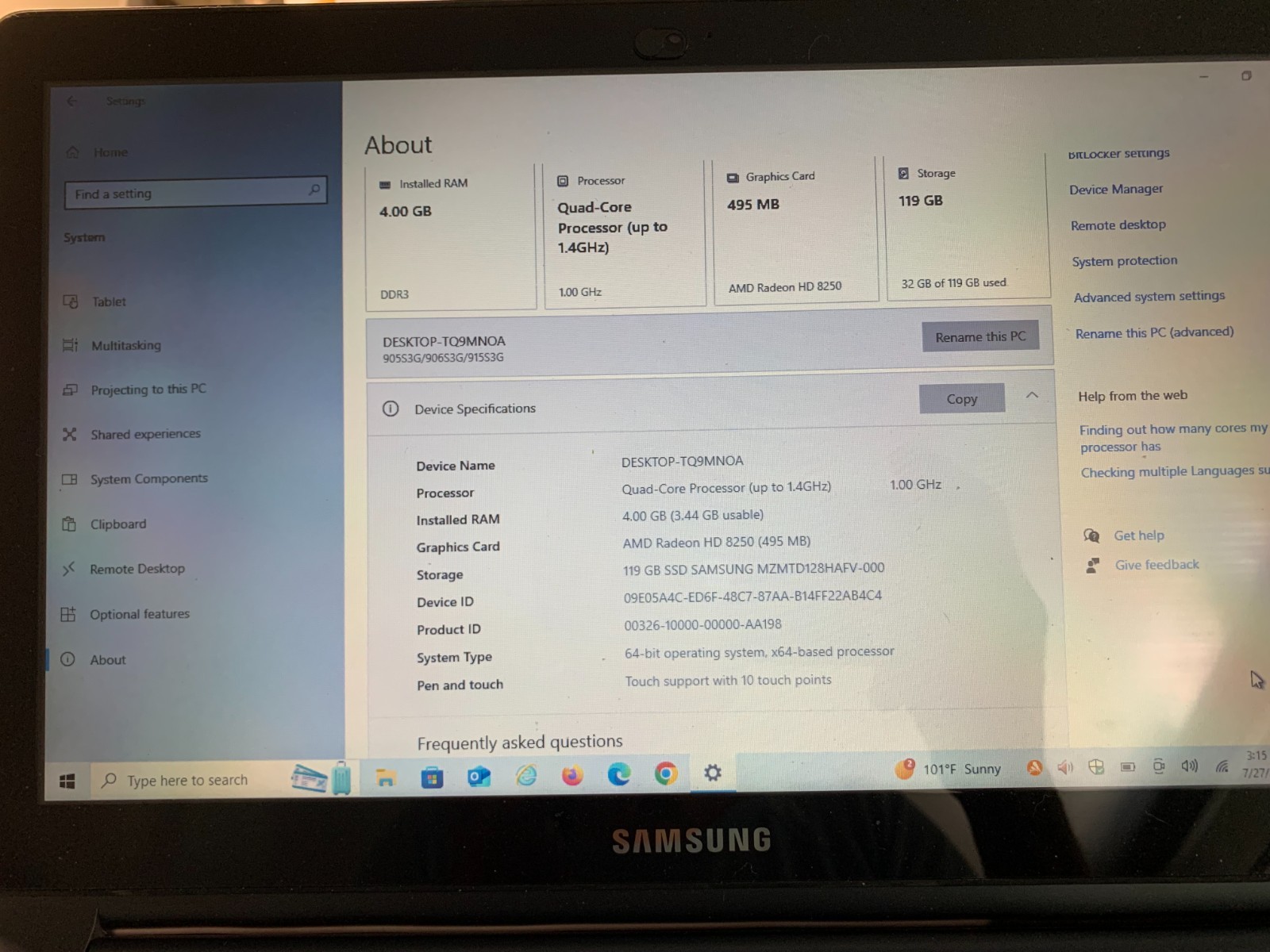 Samsung NP915S3G-K01 13.3″ Touch AMD Quad Core 4GB DDR4 RAM, 128GB SSD W10 Home