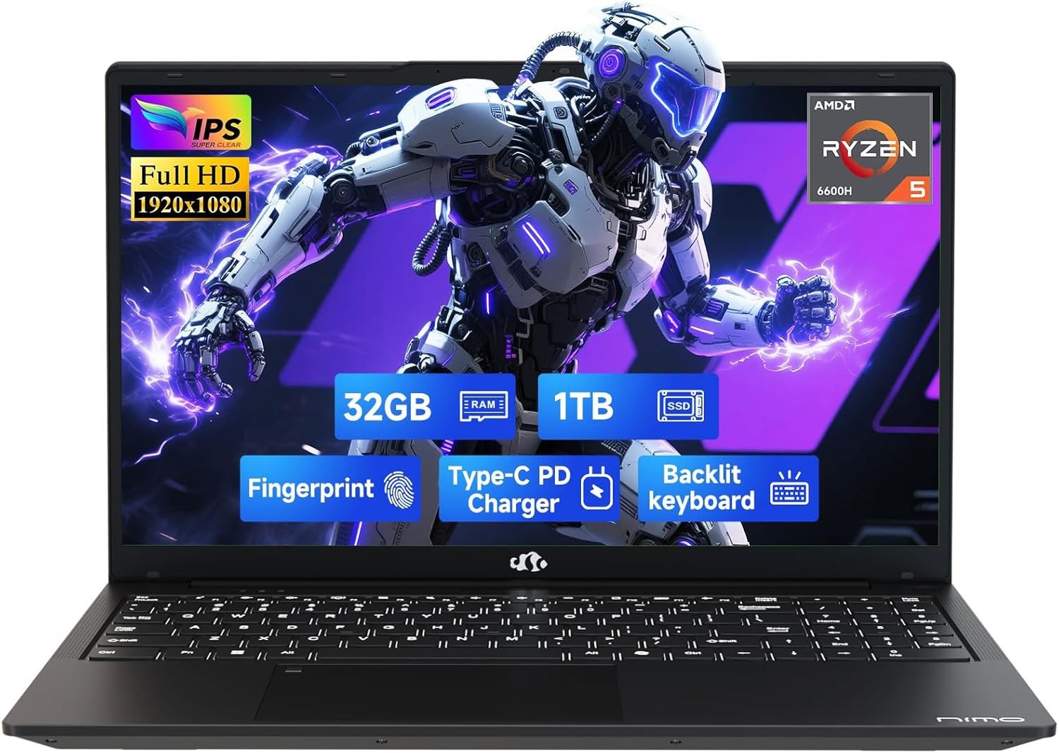 NIMO 15.6″ IPS FHD Gaming Laptop,AMD Ryzen 5 6600H 16GB DDR5 RAM 512GB SSD