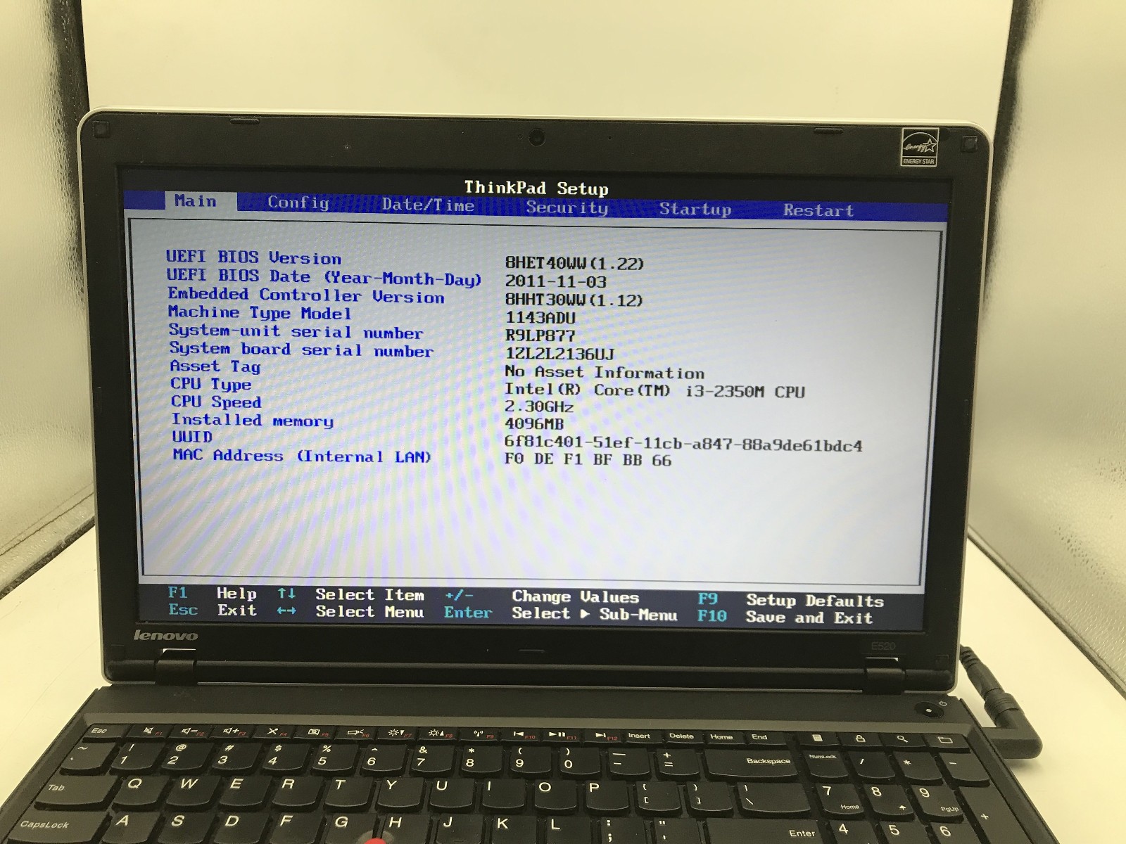 LENOVO THINKPAD E520 – BOOTS TO BIOS – INTEL I3 2350M – NO RAM – 15″ – READ -BB