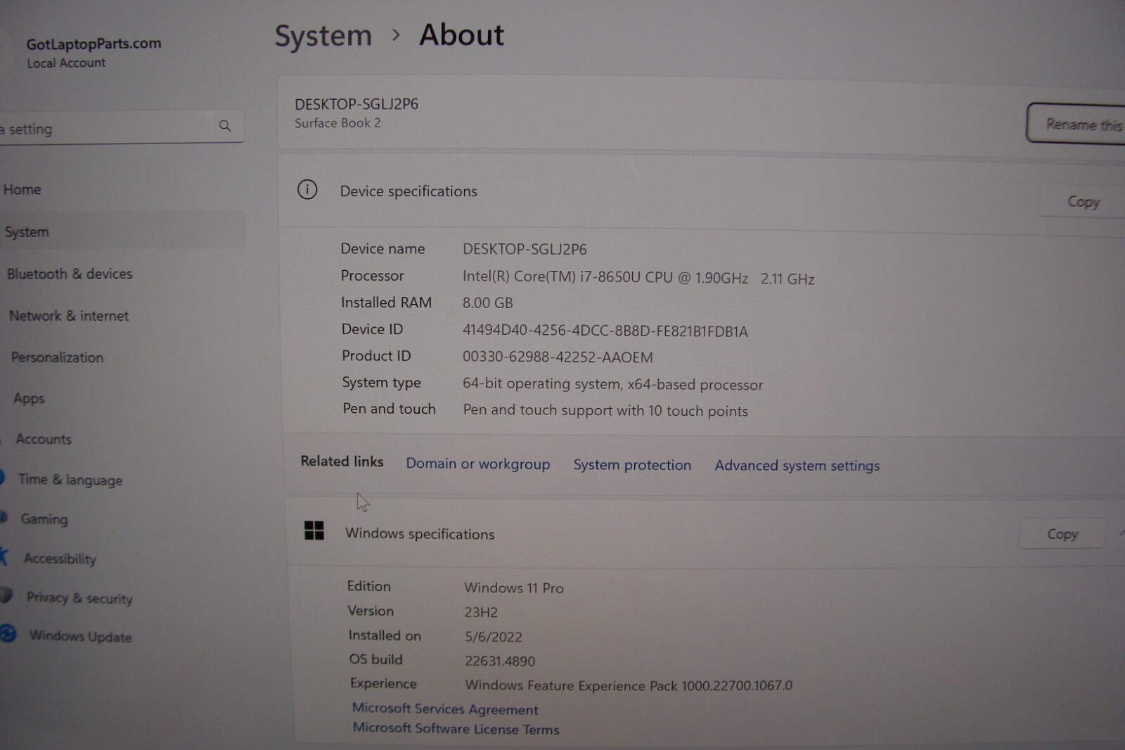 Microsoft Surface Book 2 1832 13.5″TOUCH i7-8650U 1.9GHz 8GB 1TB SSD BAD Battery