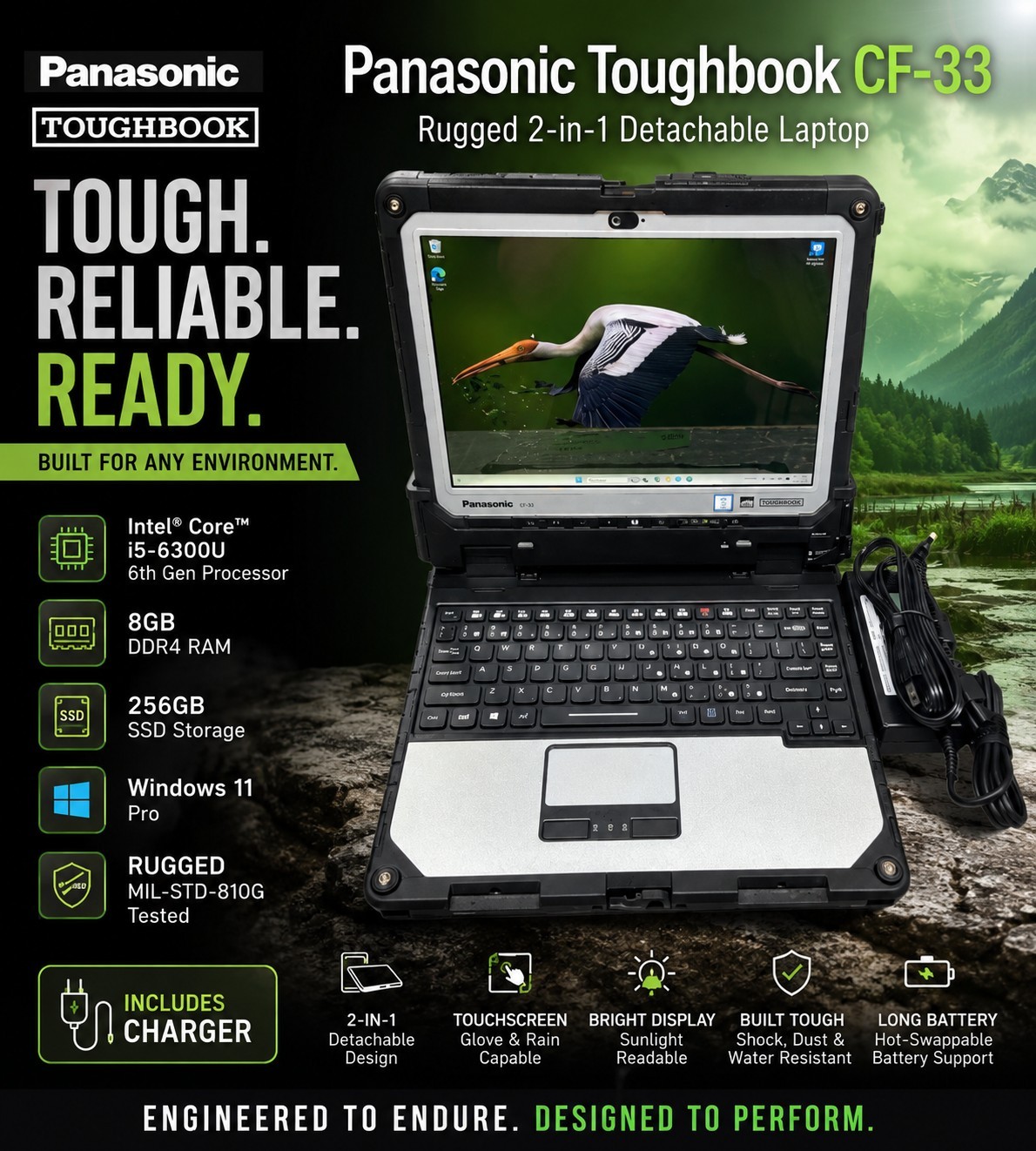 Toughbook Panasonic CF-33 I5-6300U 8GB RAM 256GB SSD Win11P W/CHARGER SEE DETAIL
