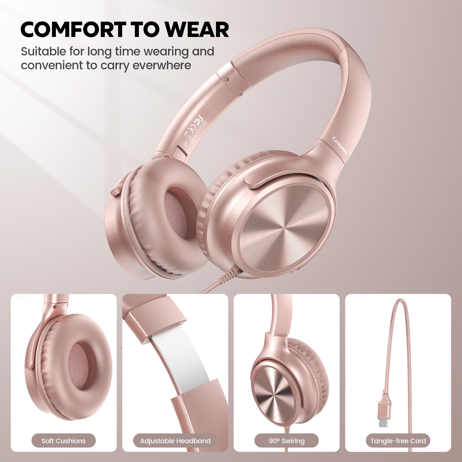 Cowyawn Over-Ear Wired Headphones w/Mic, Foldable, 3.5mm Jack, HD Stereo