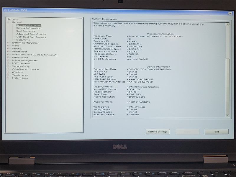 Dell Latitude 5580 Laptop i5-6300U 2.4GHz 8GB 500GB HDD Win10 COA Grade C