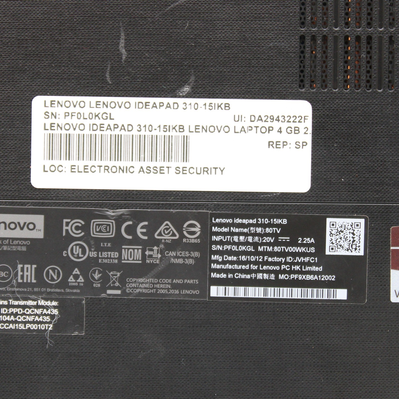Lenovo IdeaPad 310-15IKB 15.6in i5-7200U 8GB Grade A No OS, Drive, Power Cord
