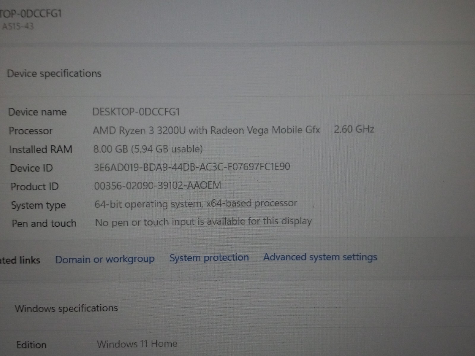 Acer Aspire 5 15.6″ , AMD Ryzen 3 3200U 2.6GHz, 8GB RAM 128GB SSD WiFi Win 11