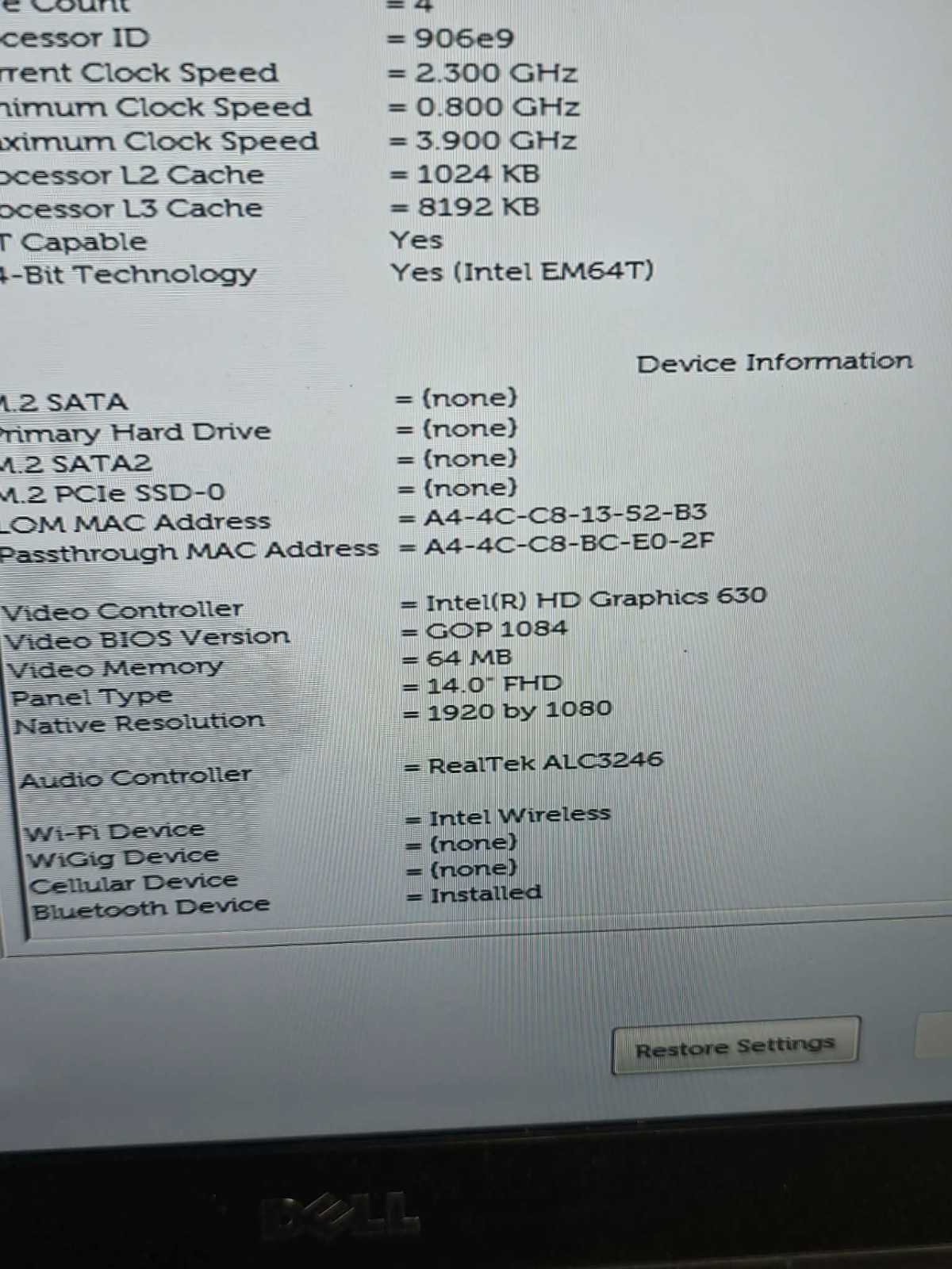 Clean Office/Home Dell Latitude 5480 / i7-7820HQ 2.9GHz 8GB RAM WiFi Bluetooth