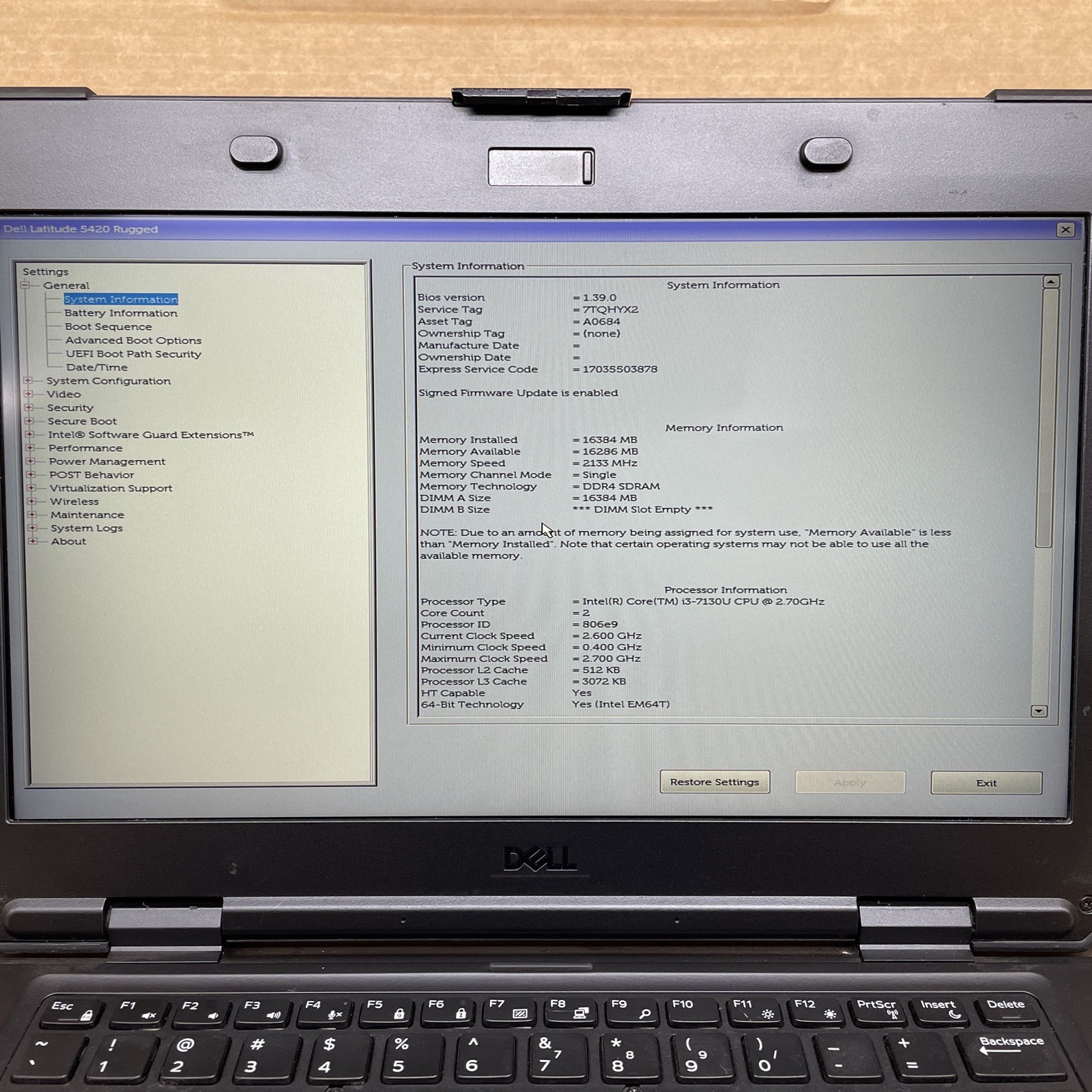 Dell Latitude 5420 Rugged, Intel Core i3-7130U @ 2.70GHz 16GB RAM NO SSD NO OS