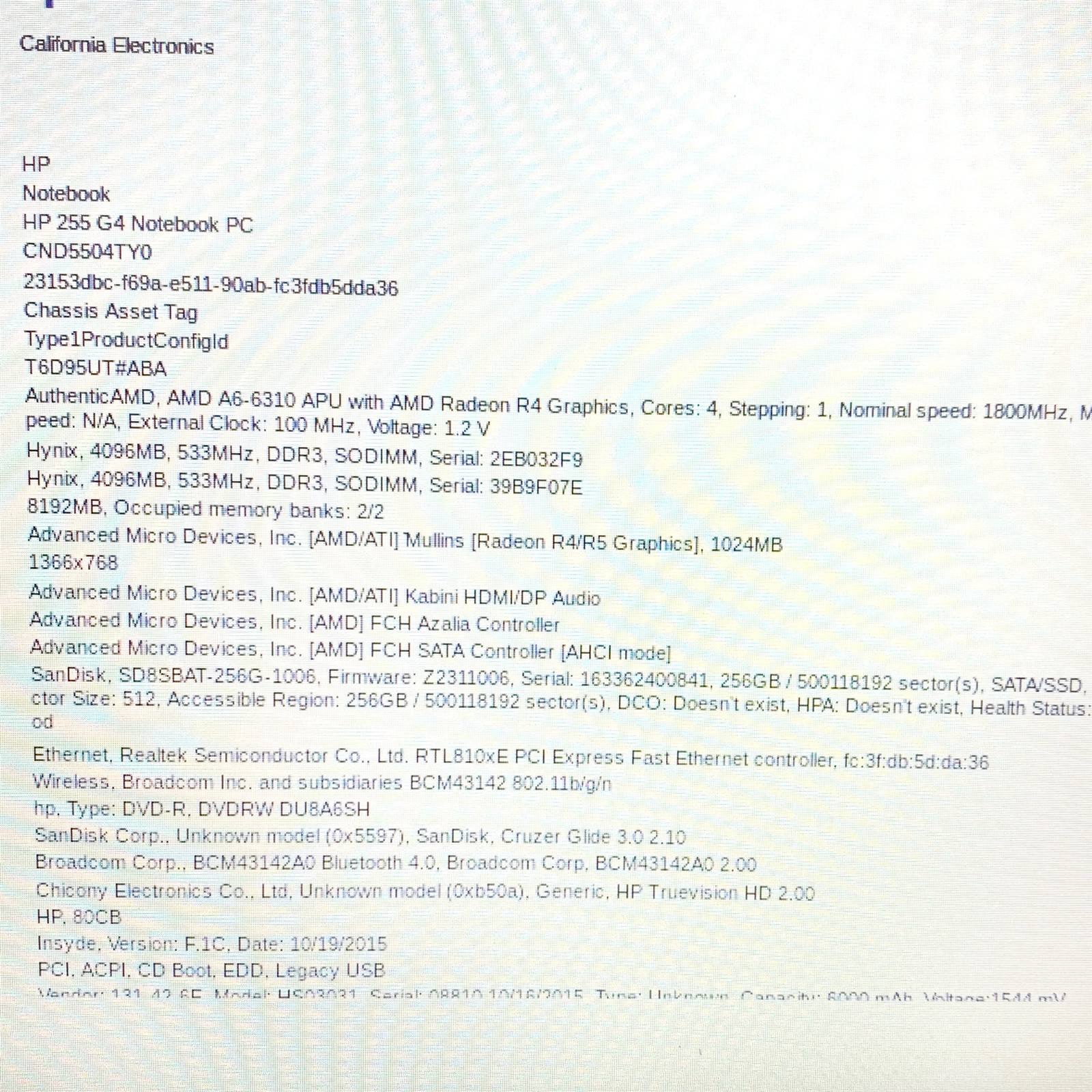HP Notebook 255 G4 15.6″ AMD A6-6310 APU Radeon R4 8GB 256GB SSD Win 10 Bad Batt