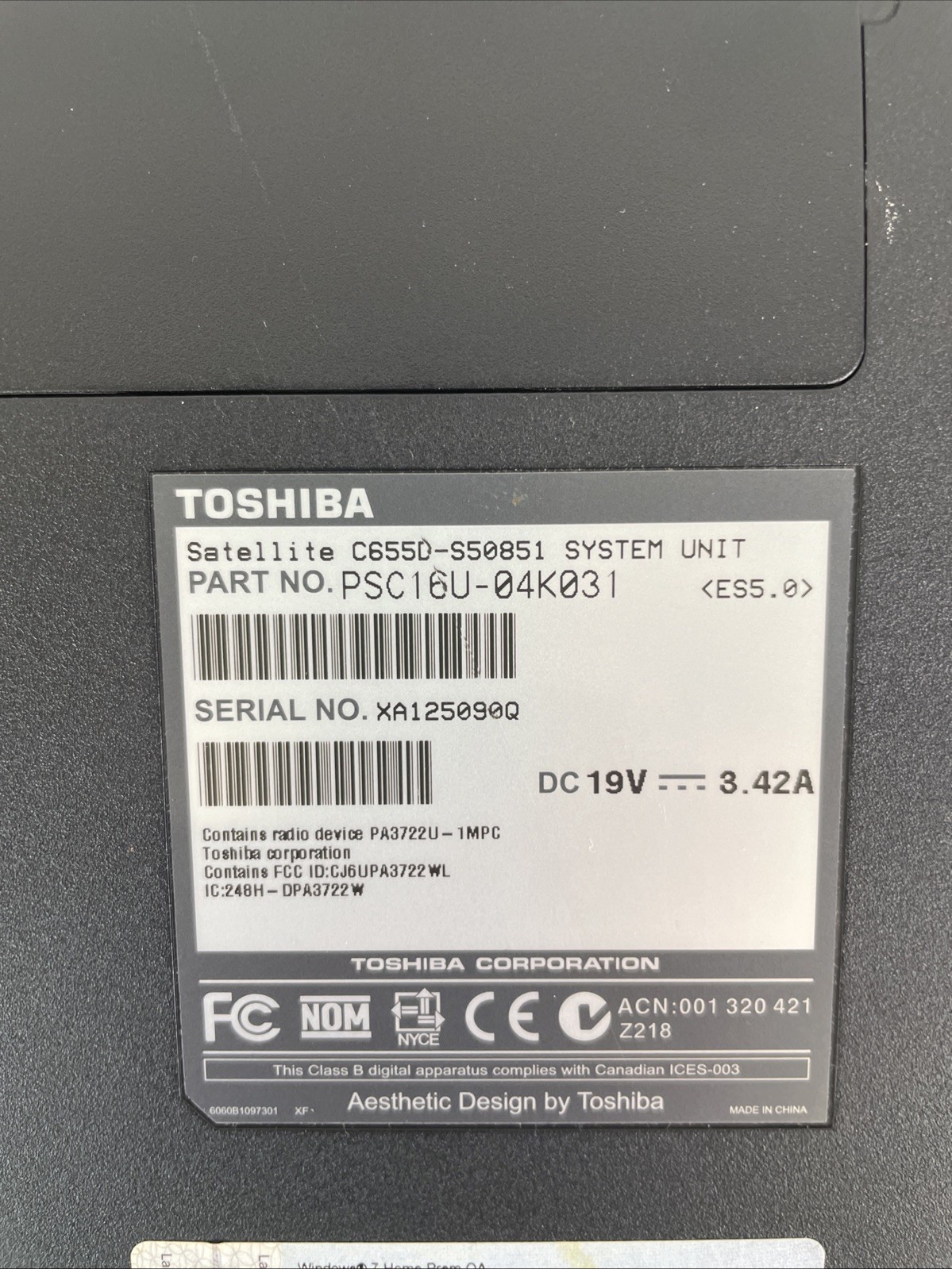 Toshiba Satellite C655D-S50851 Laptop AMD V140 2.3GHz 2GB RAM 320GB HDD WinXP