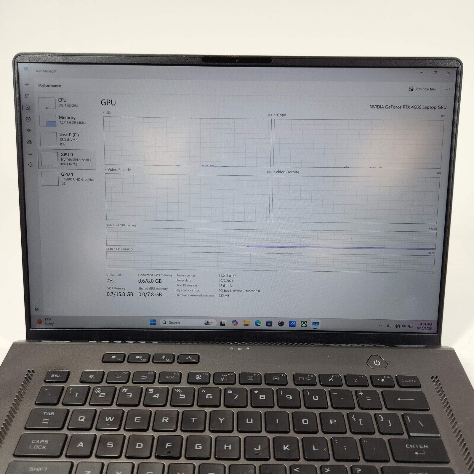 Asus ROG Zephyrus G16 GU603 16″ i7-13620H 2.4GHz 16GB RAM 512GB SSD 4060 READ