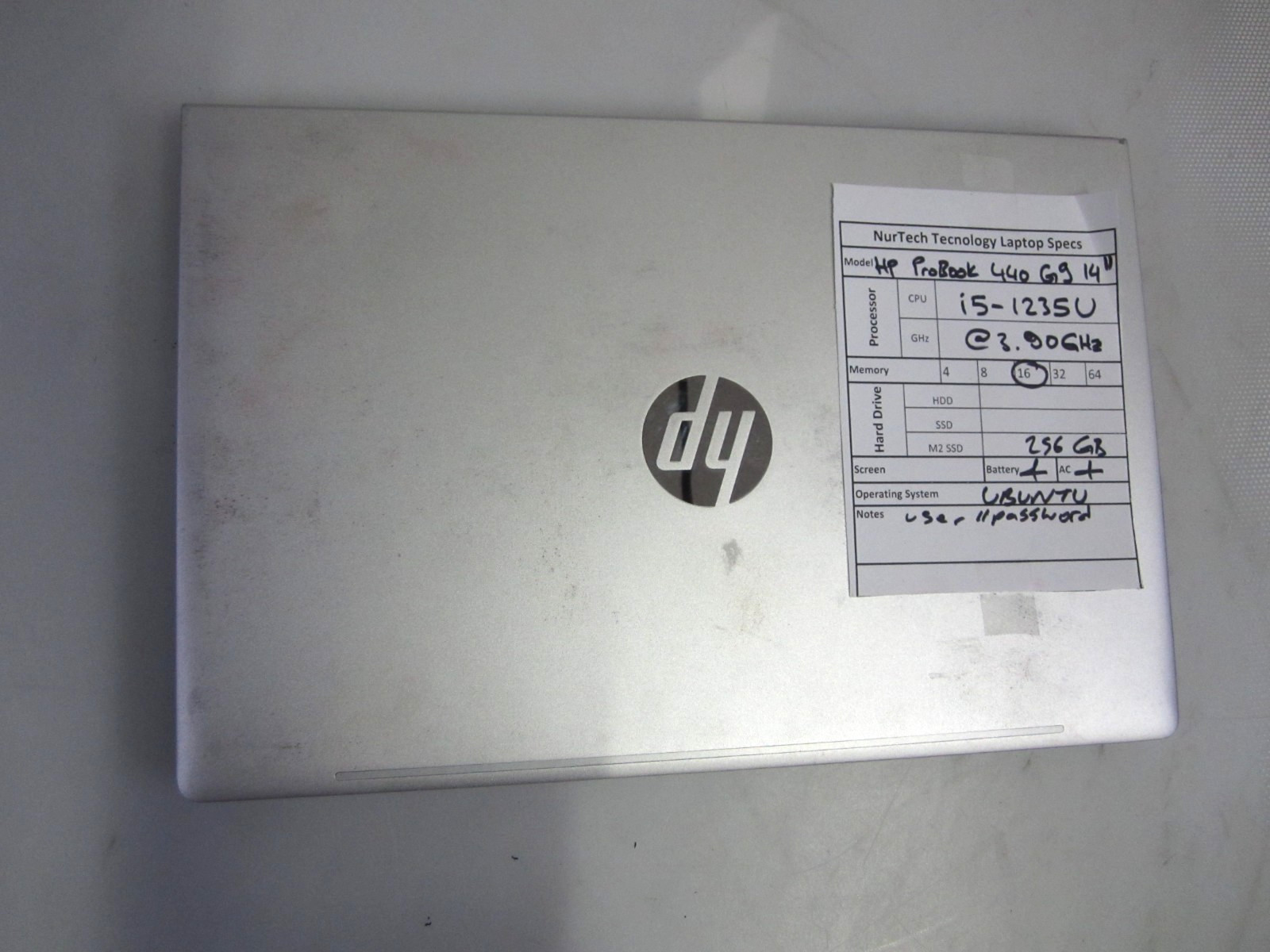 HP ProBook 440 G9 14″ i5-1235U 3.90GHz 16GB 256GB M2SSD UBUNTU LAPTOP + AC