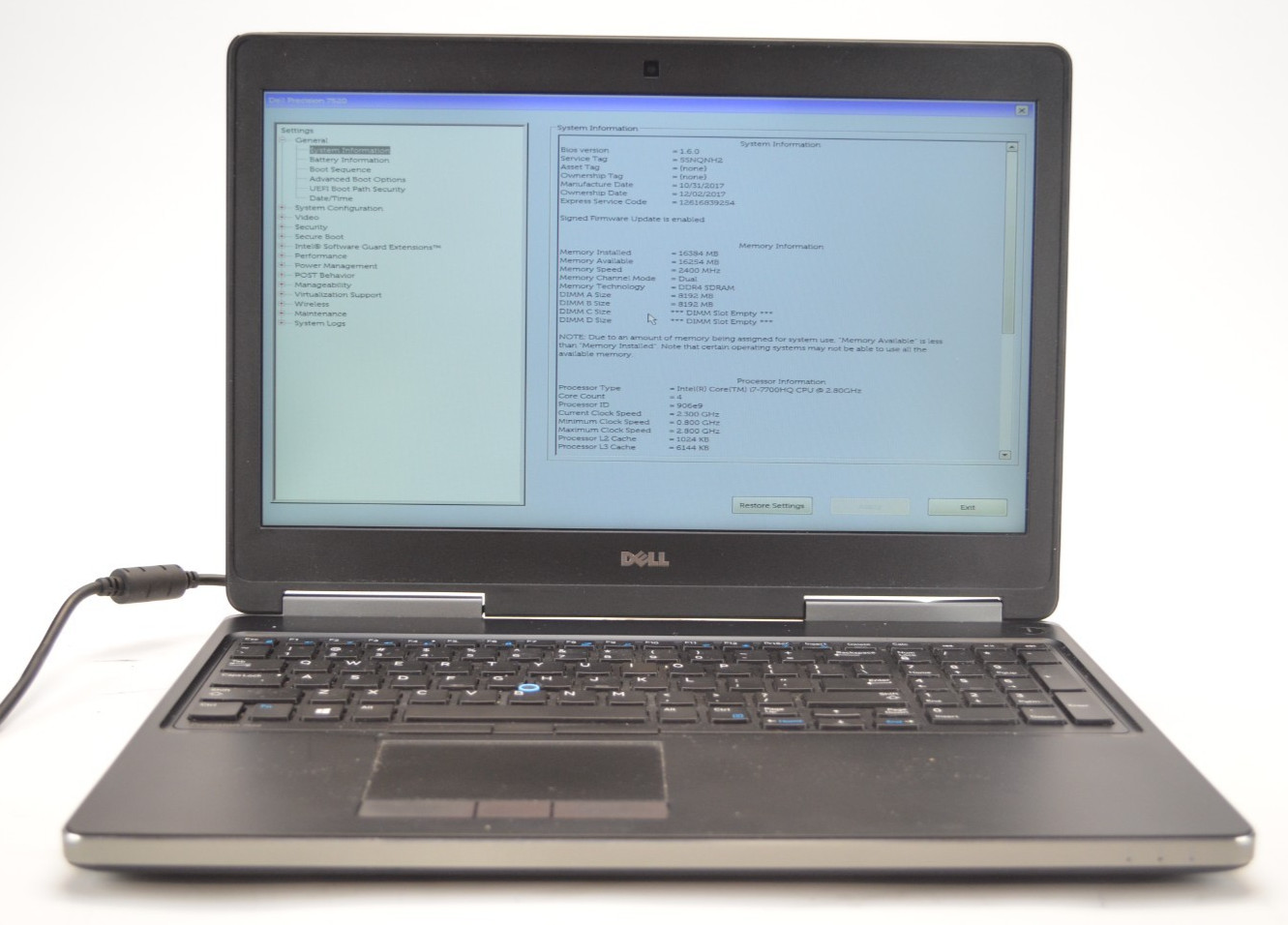 Dell Precision 7520 i7-7700HQ 2.8GHz 16GB Ram No HDD Pro Quadro M1200 “Ex” Batt
