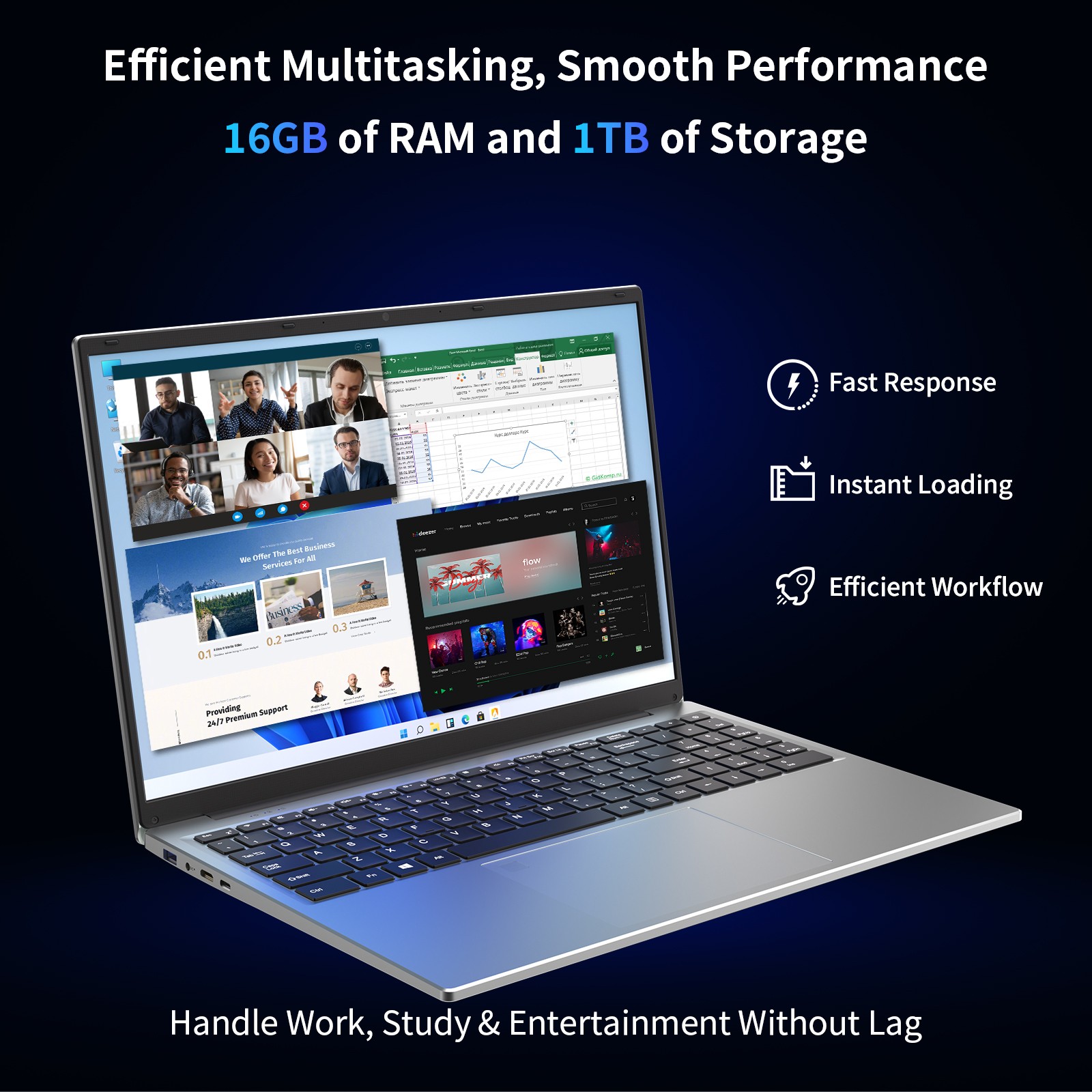 Auusda 16” Thin Laptop Intel i3 16GB RAM 1TB SSD W11 Pro WiFi6 TypeC IPS FHD