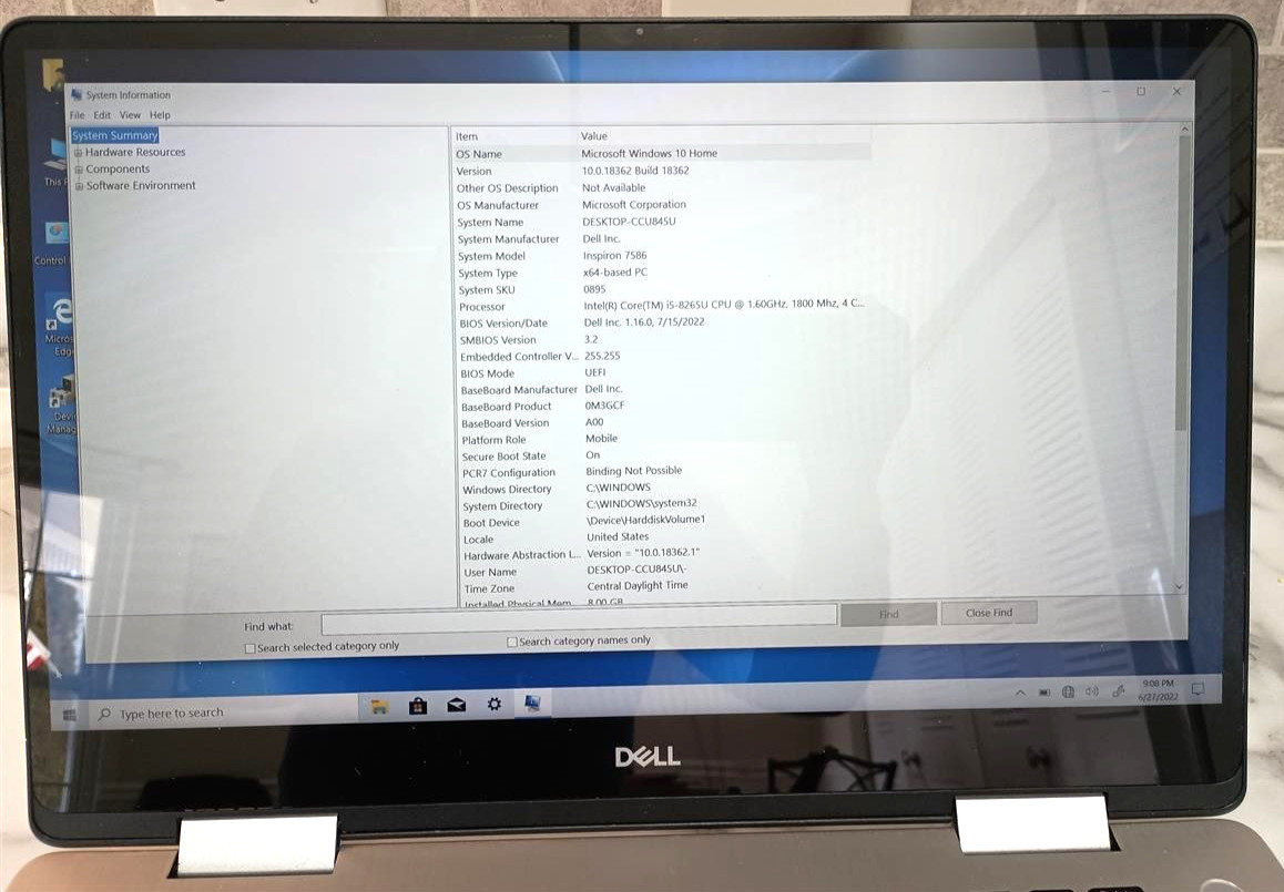 Dell Inspiron 7586 2 n 1 Touch S. i5-8265U, 16GB 512 M.2 SSD W10 Excell. Cond!