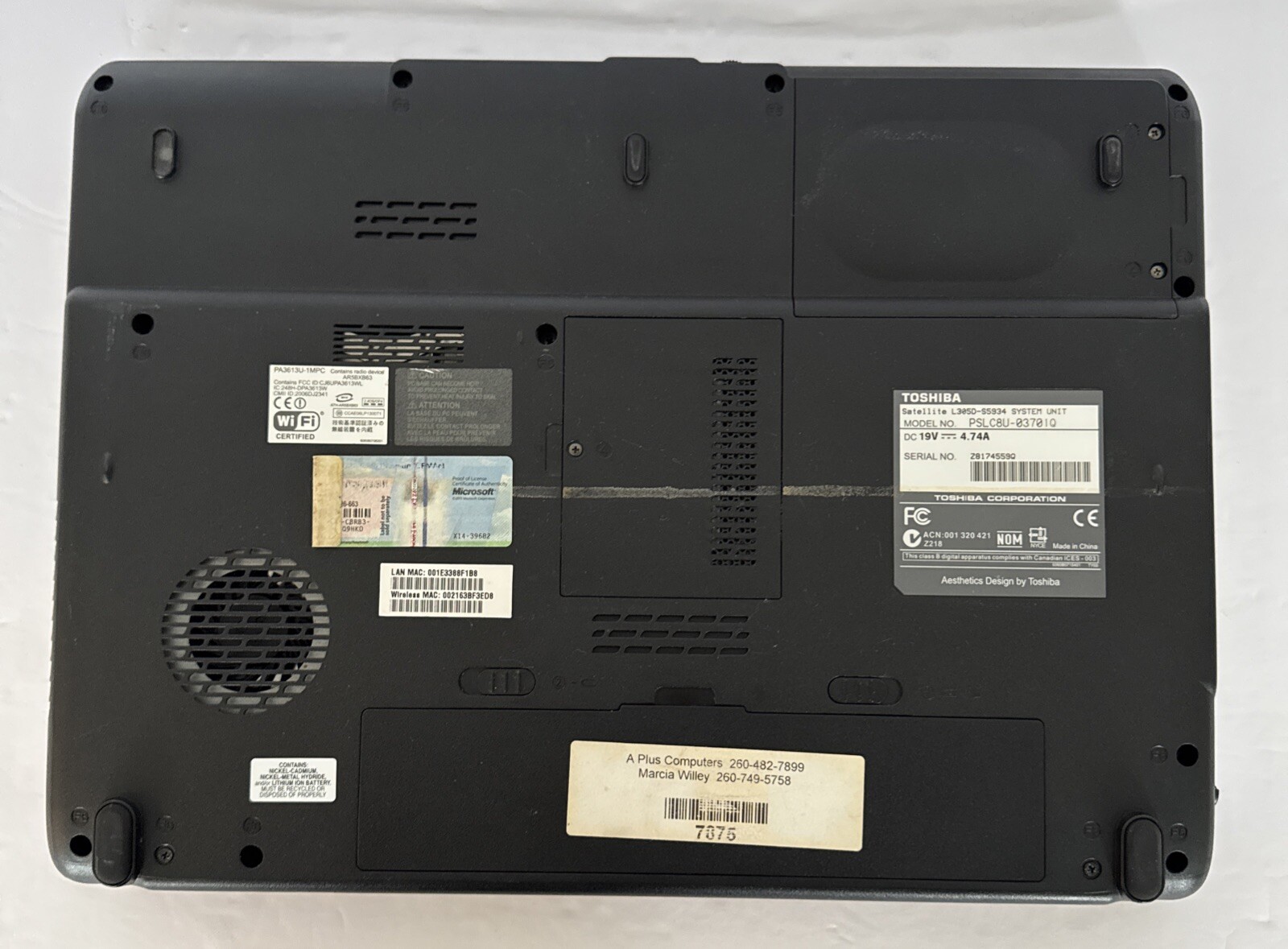 Toshiba Satellite Laptop PSLC8U-03701Q 3GB SDRAM 250GB Hard Drive Read