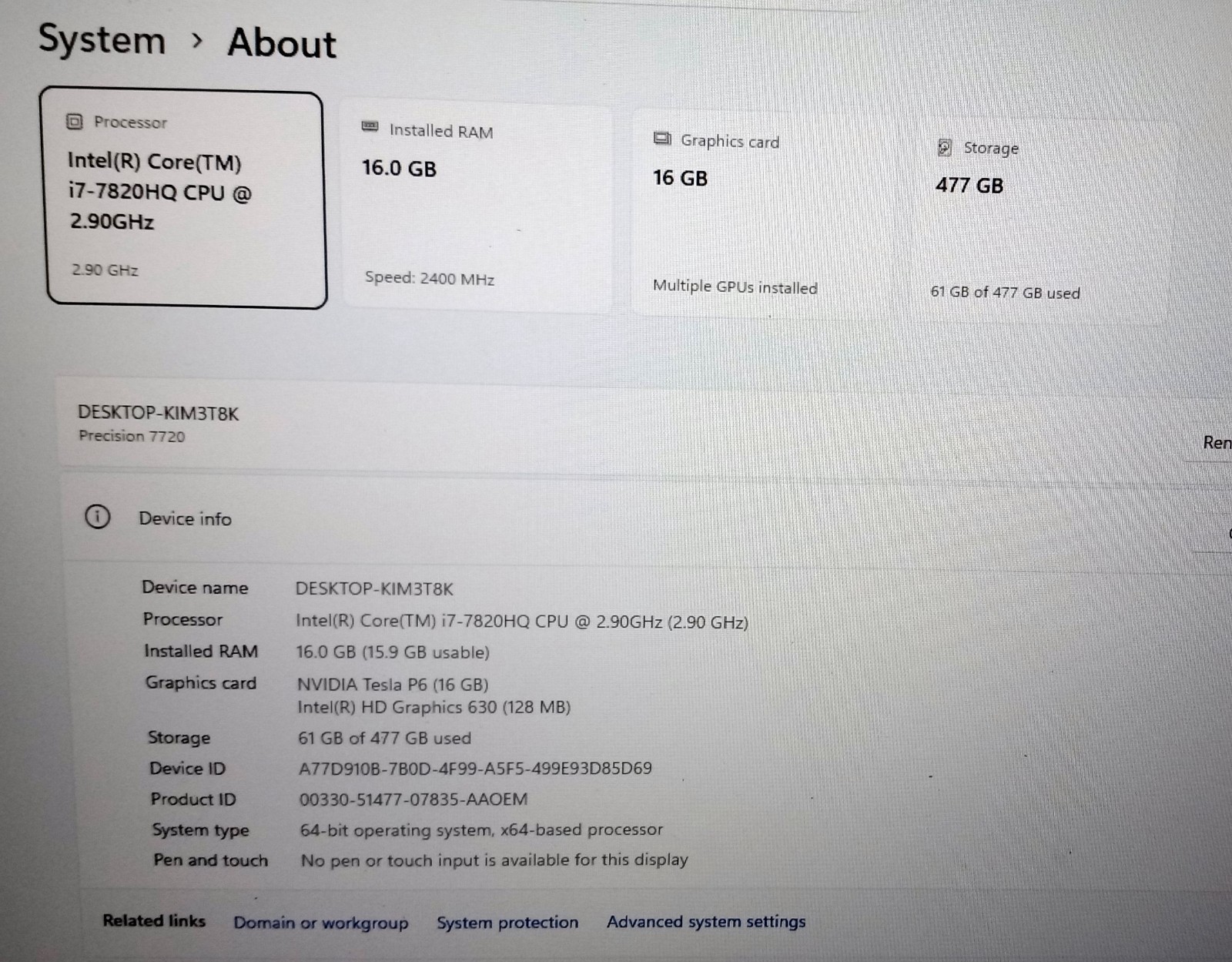 Dell Precision laptop 7720 i7-7820HQ 2.9-3.9Ghz 16GB+512GB NVIDIA “P5000” AX200