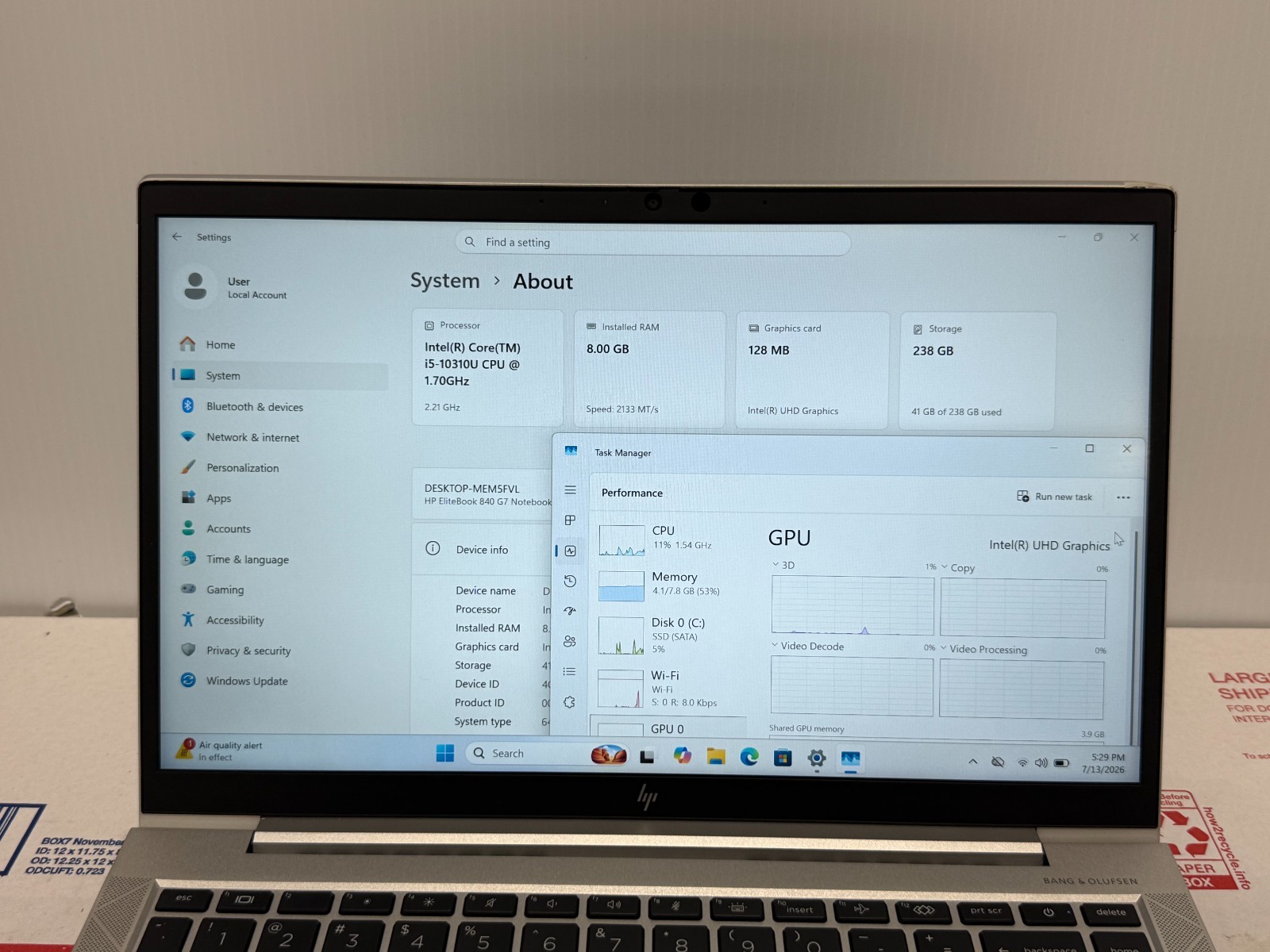HP EliteBook 840 G7 14″ Intel Core i5-10310U 1.7GHz 16GB RAM 256GB SSD