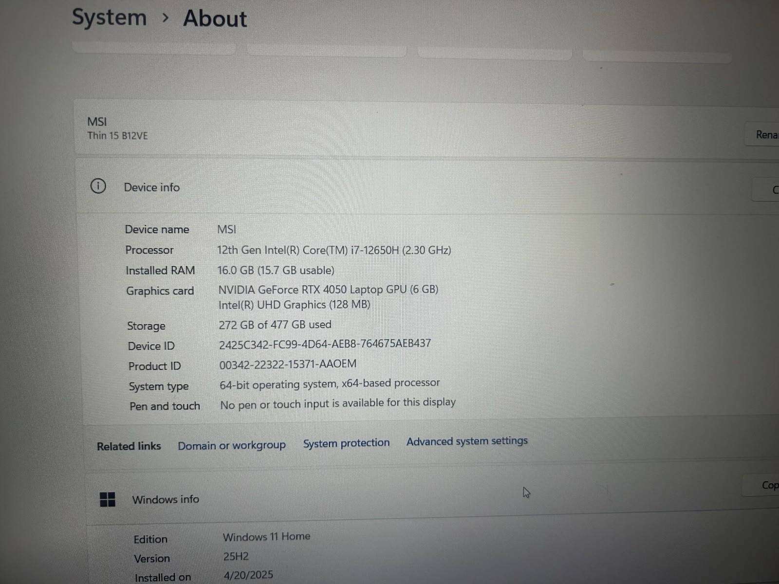 MSI Thin 15 B12VE-2023US 15.6″ FHD i7-12650H RTX 4050 16GB 512GB SSD Win11 Black