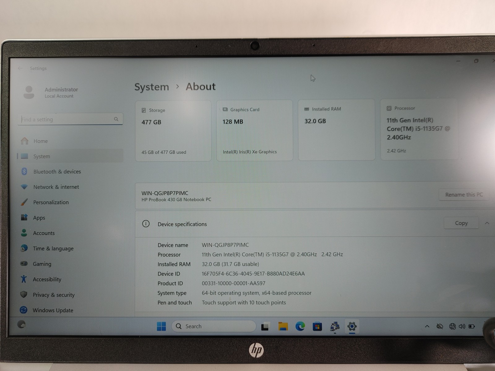HP ProBook 430 G8 Core i5-1135G7 2.40 GHz 32 GB DDR4 512 GB NVMe Windows 11 Pro