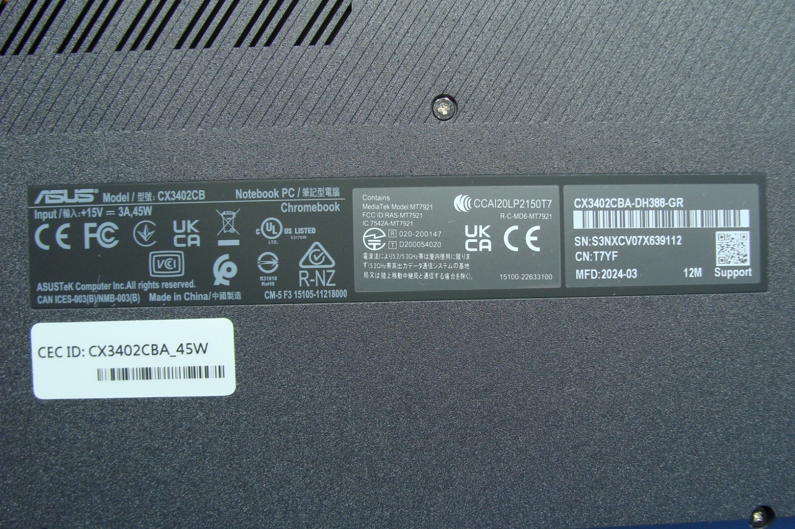 ASUS Chromebook Plus CX3402CBA 14″ i3-1215U 3.8GHz 8GB 128GB Warranty2025