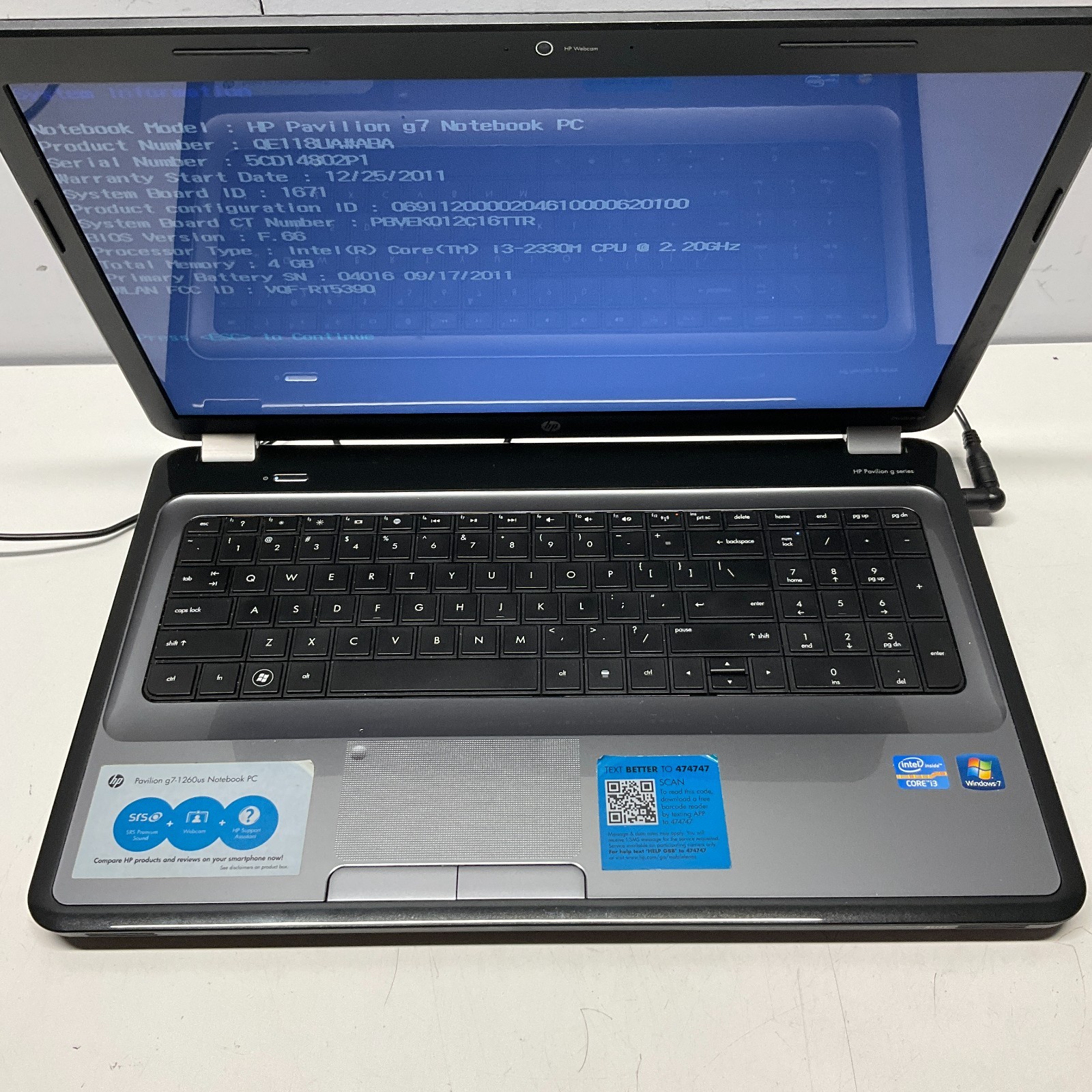 HP Pavilion g7 Laptop Intel Core i3-2330M @ 2.20 GHz 4GB NO HDD NO OS Laptop