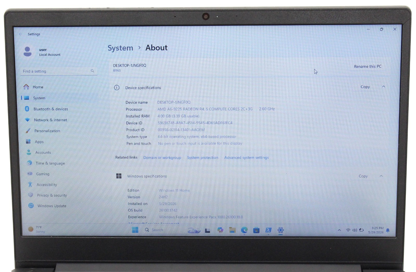 LENOVO IDEAPAD S145-15AST 15.6″ 2.6GHz AMD A6-9225 1TB HDD 4GB RAM ; 6181893