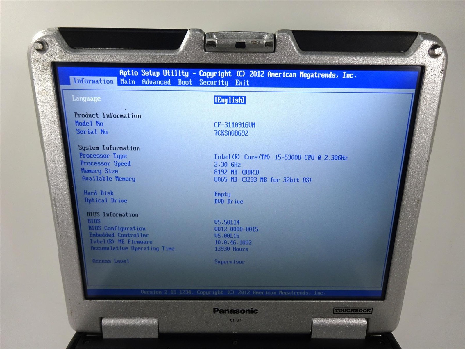 Lot 4 – Panasonic CF-31 MK5 Core i5-5300U 2.3GHz 8GB RAM – No Hard Drive