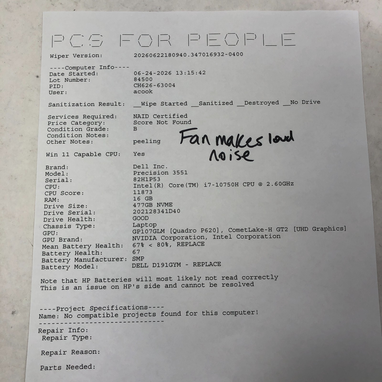 Dell Precision 3551 15.6 FHD i7-10750H 2.60GHz 16GB 512GB SSD Quadro P620 *READ*