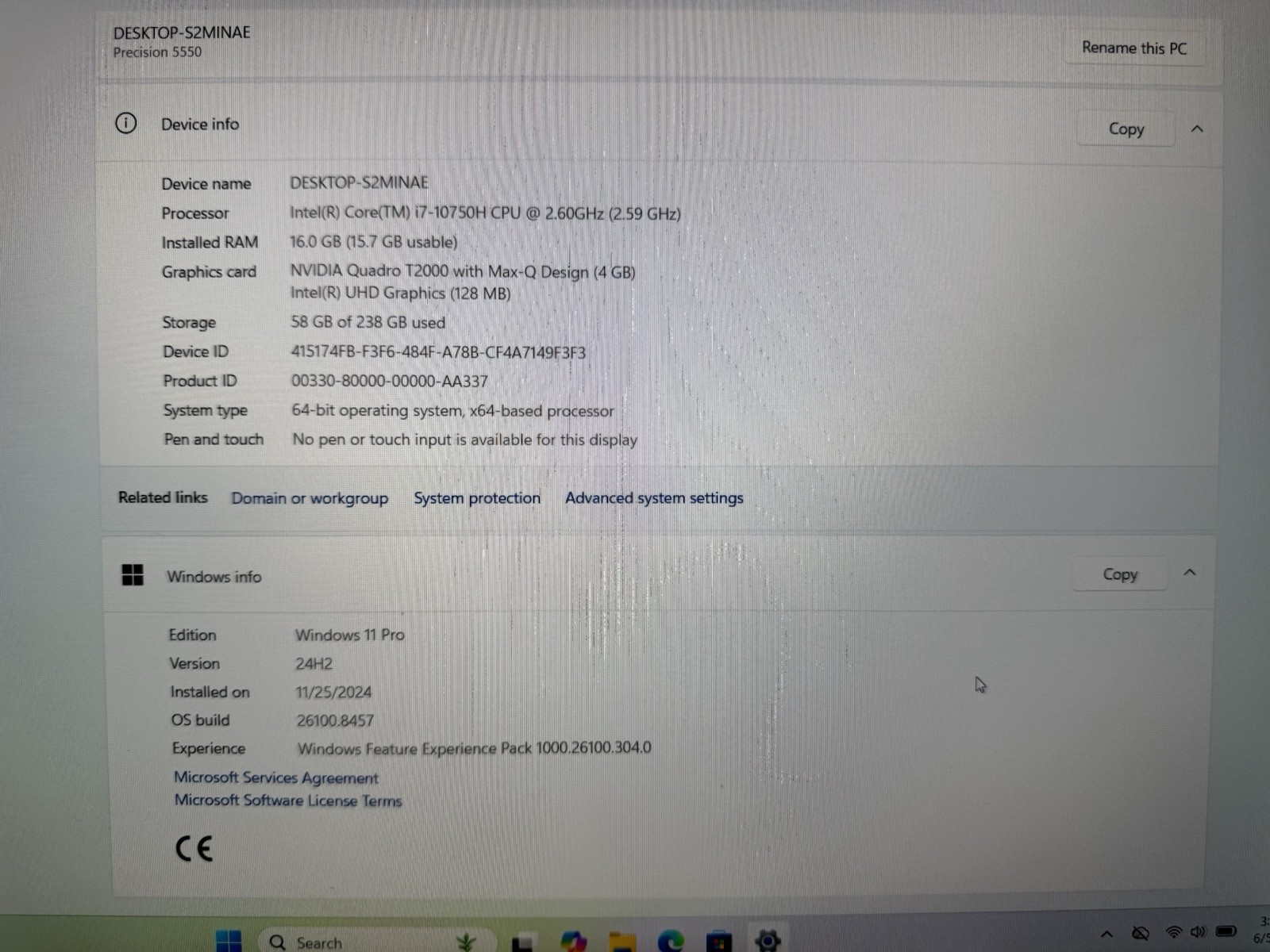 DELL PRECISION 5550 i7-10750H 16GB RAM 256GB SSD QUADRO T2000 WIN 11 PRO