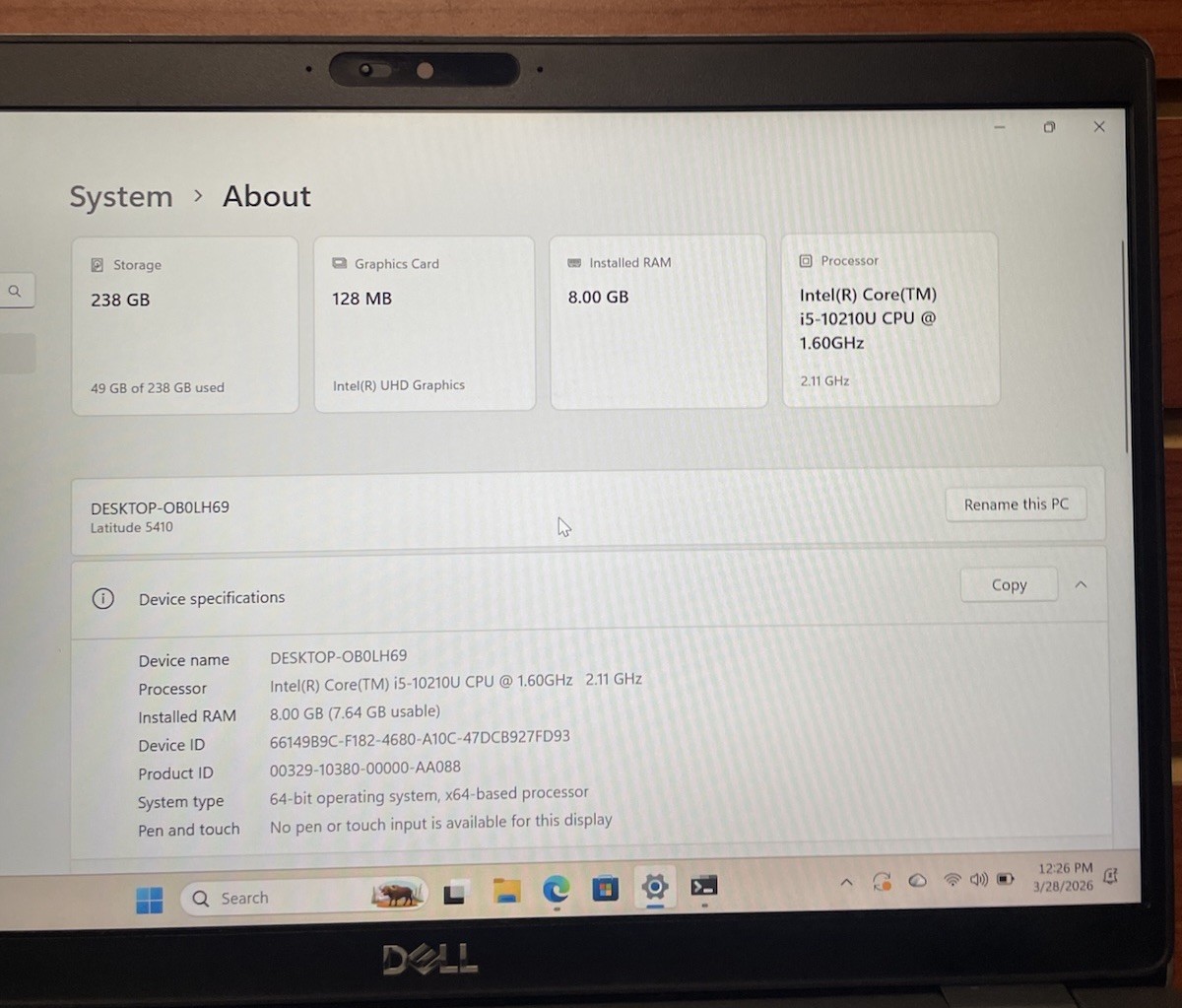 Dell Latitude 5410 14″ (i5-10210u 1.60GHz – 8GB RAM – 256GB SSD – Win11Home)