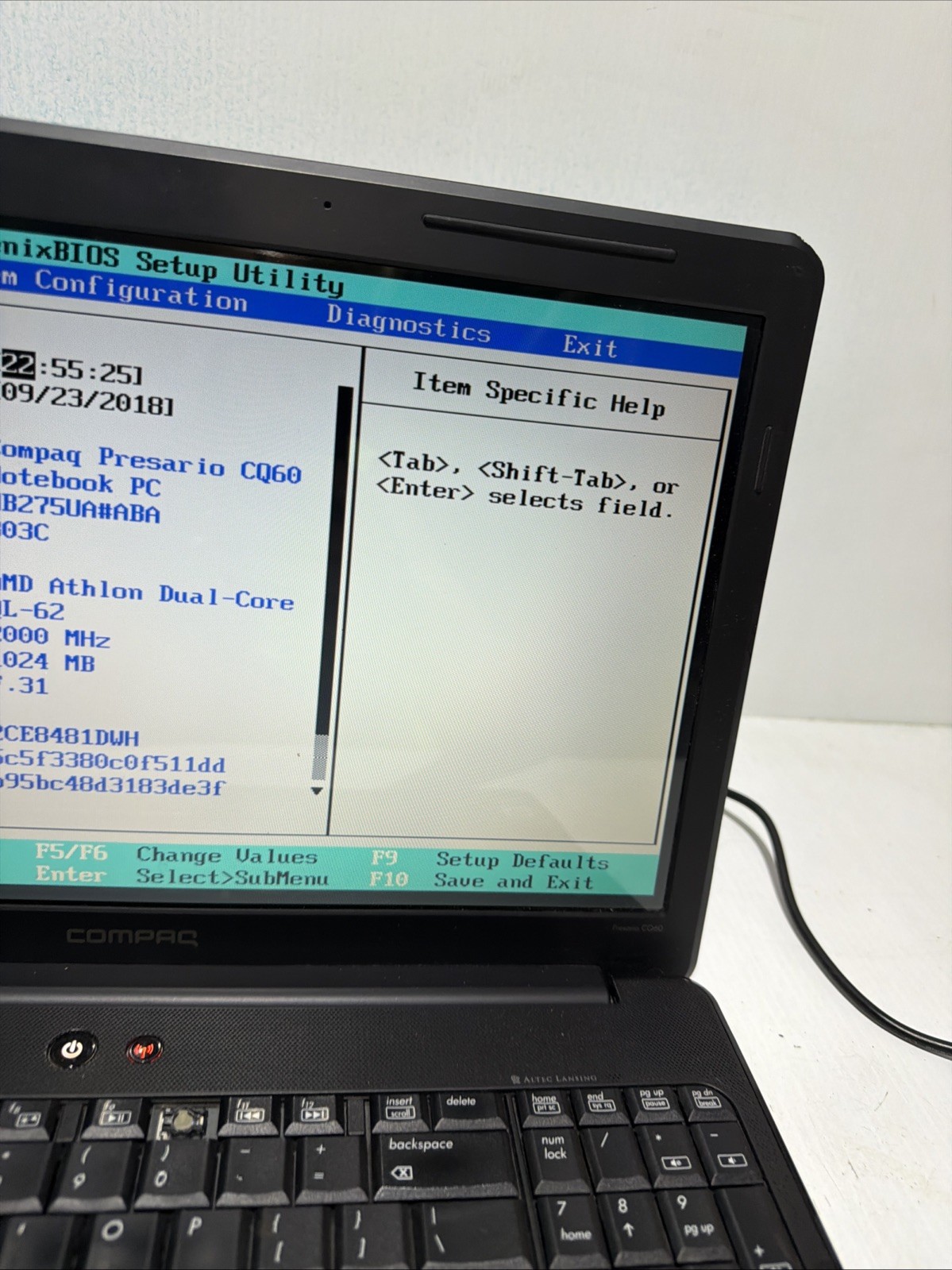 Compaq Presario CQ60 15″ Laptop AMD Athlon QL-62 1gb Ram No Drives Boots Bios