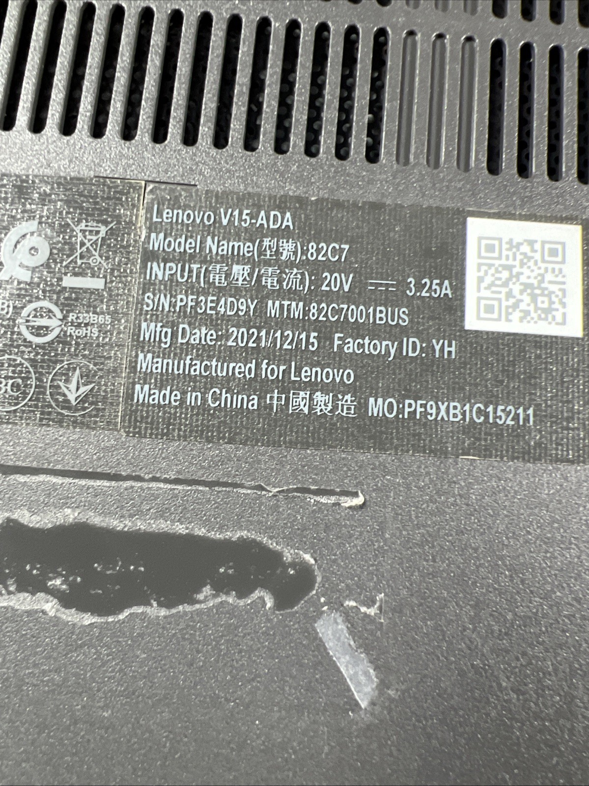LENOVO V15-ADA AMD ATHLON GOLD 3150U 8GB RAM **NO HD/ NO CADDIE/ NO OS