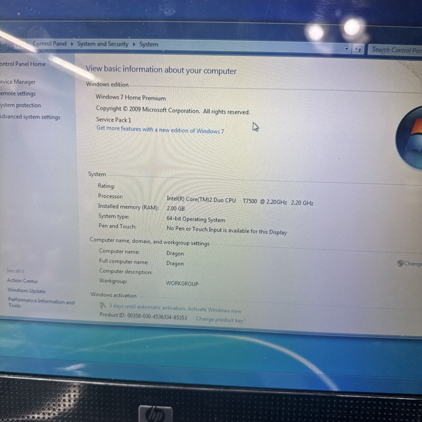 HP pavilion hdx 9000 DRAGON Laptop Win 7 Intel Core2 240 HDD 2 GB Ram RARE
