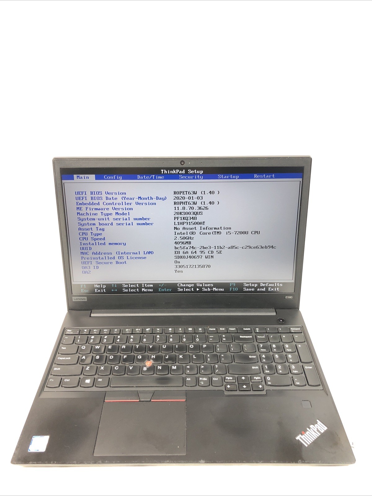Lenovo ThinkPad E580, Intel Core i5-7200U @2.50Ghz, 4GB RAM, NO SSD/OS, Tested!