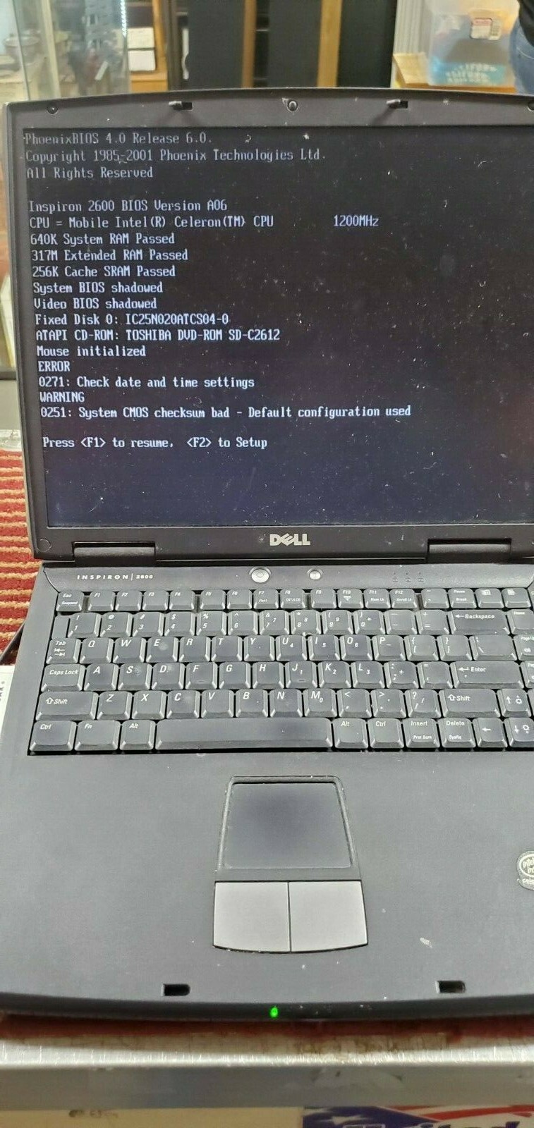 Dell Inspiron 2600/PP04L WIN XP- For Parts or Repair – No A/C cord (FC75-T-G464)
