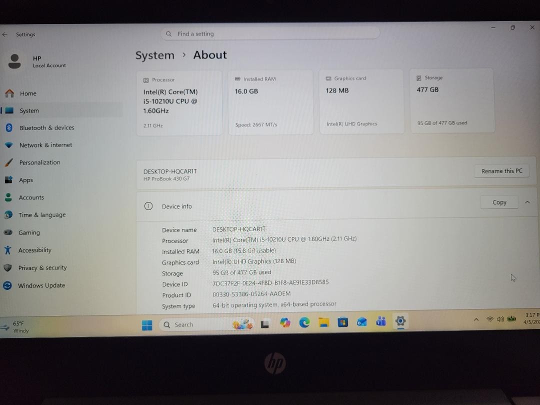 HP ProBook 430 G7 13.3″ i5-10210U 1.6GHz 16GB Ram 500 SSD Win 11 Pro