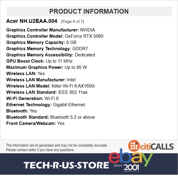 Acer NH.U2EAA.004 Nitro V 16 Gaming Laptop 16″ 180Hz Core 7 240H 32GB 512G RTX