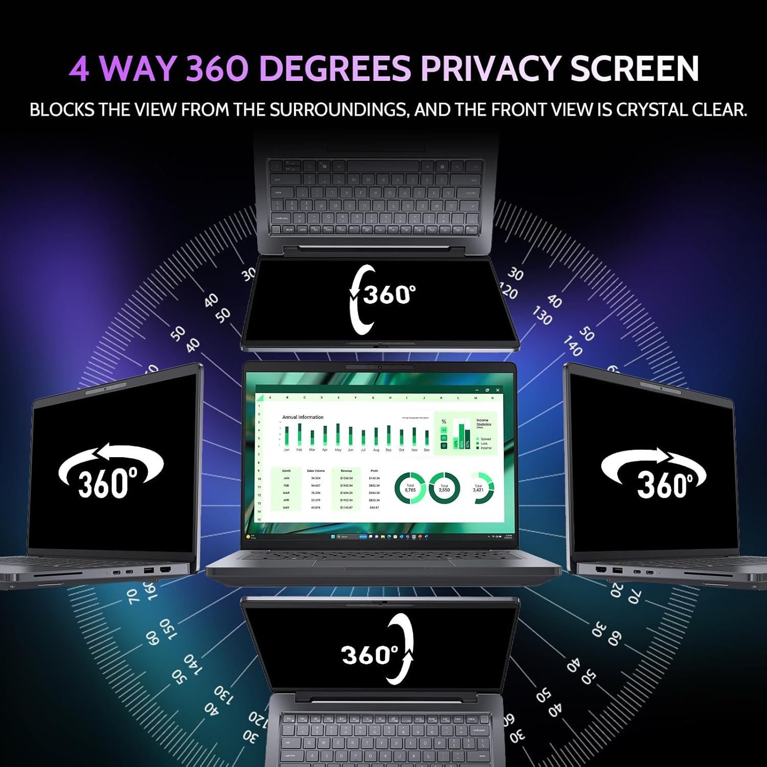 360° 4 Way Laptop Privacy Screen for 14 Inch Computer Monitor, Anti Glare Filter