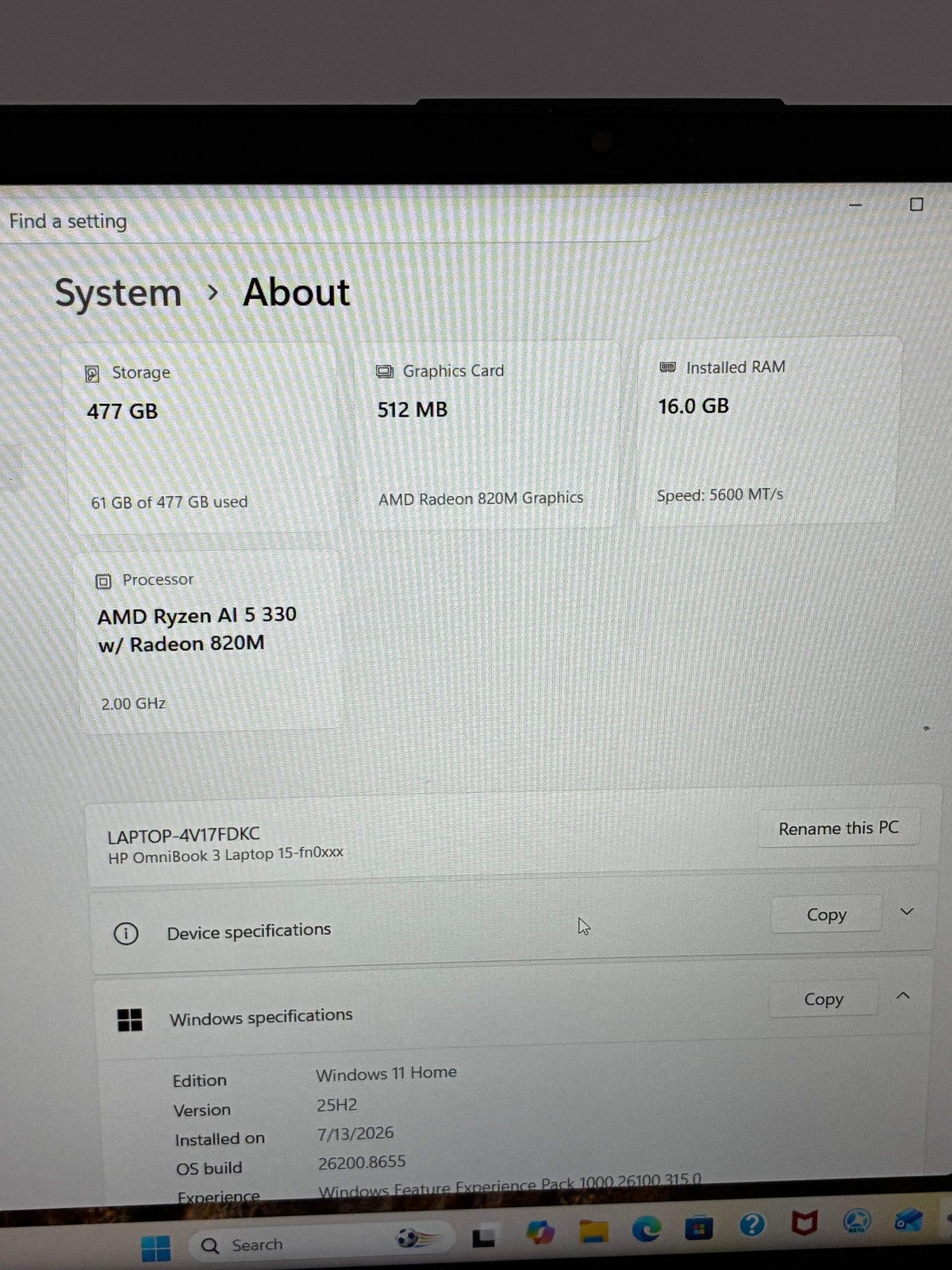 HP OmniBook 3 16-inch Laptop AMD Ryzen AI 5 16GB RAM 512GB Black Charger Include