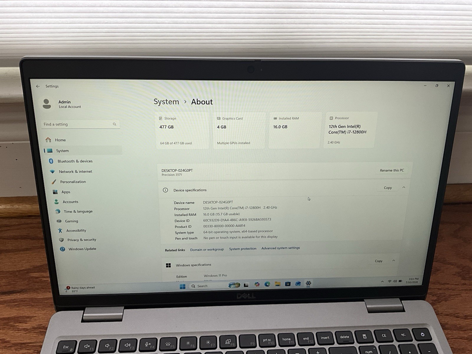 Dell Precision 3571 Intel Core i7-12800H/ 2.4GHZ/16GB RAM /512GB SSD T600