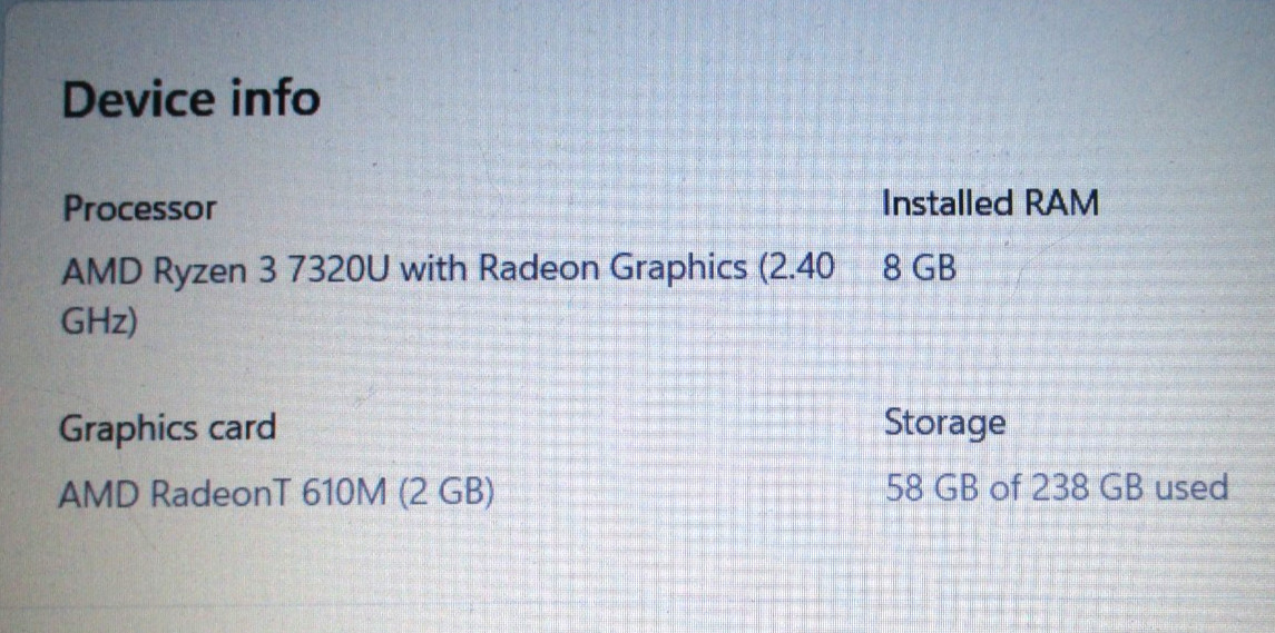 Lenovo Ideapad Laptop Computer AMD Ryzen 3 7320U 15.6 Radson Grph 238GB 8GB RAM