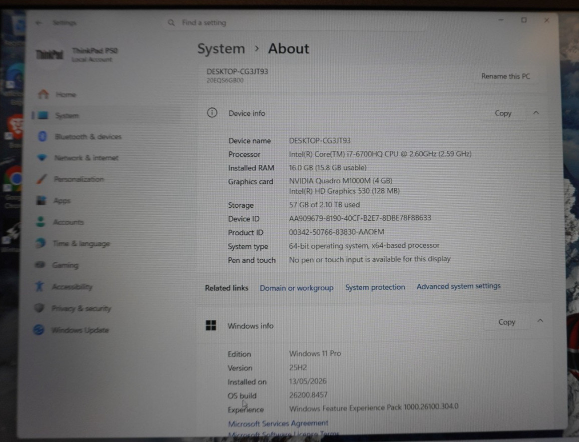 Lenovo Thinkpad P50 15.6″ Intel i7-6700HQ 16GB RAM 2TB+256GB NVMe Quadro 1000M