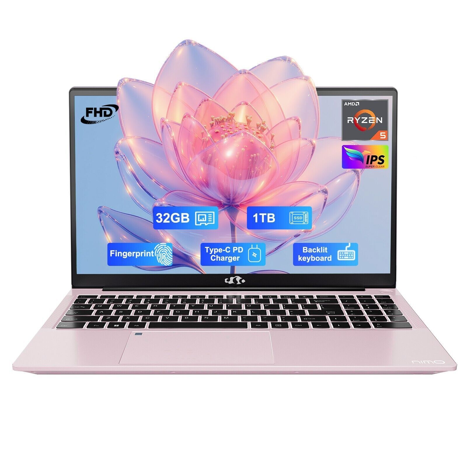 NIMO 15.6″ FHD Laptop 32GB RAM 1TB SSD Fingerprint Backlit KB Win11 IPS Computer