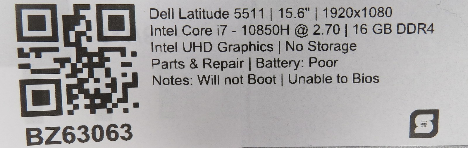 Dell Latitude 5511 | i7-10850H @ 2.7GHz | 16GB DDR4 RAM | No HDD/OS *PARTS*