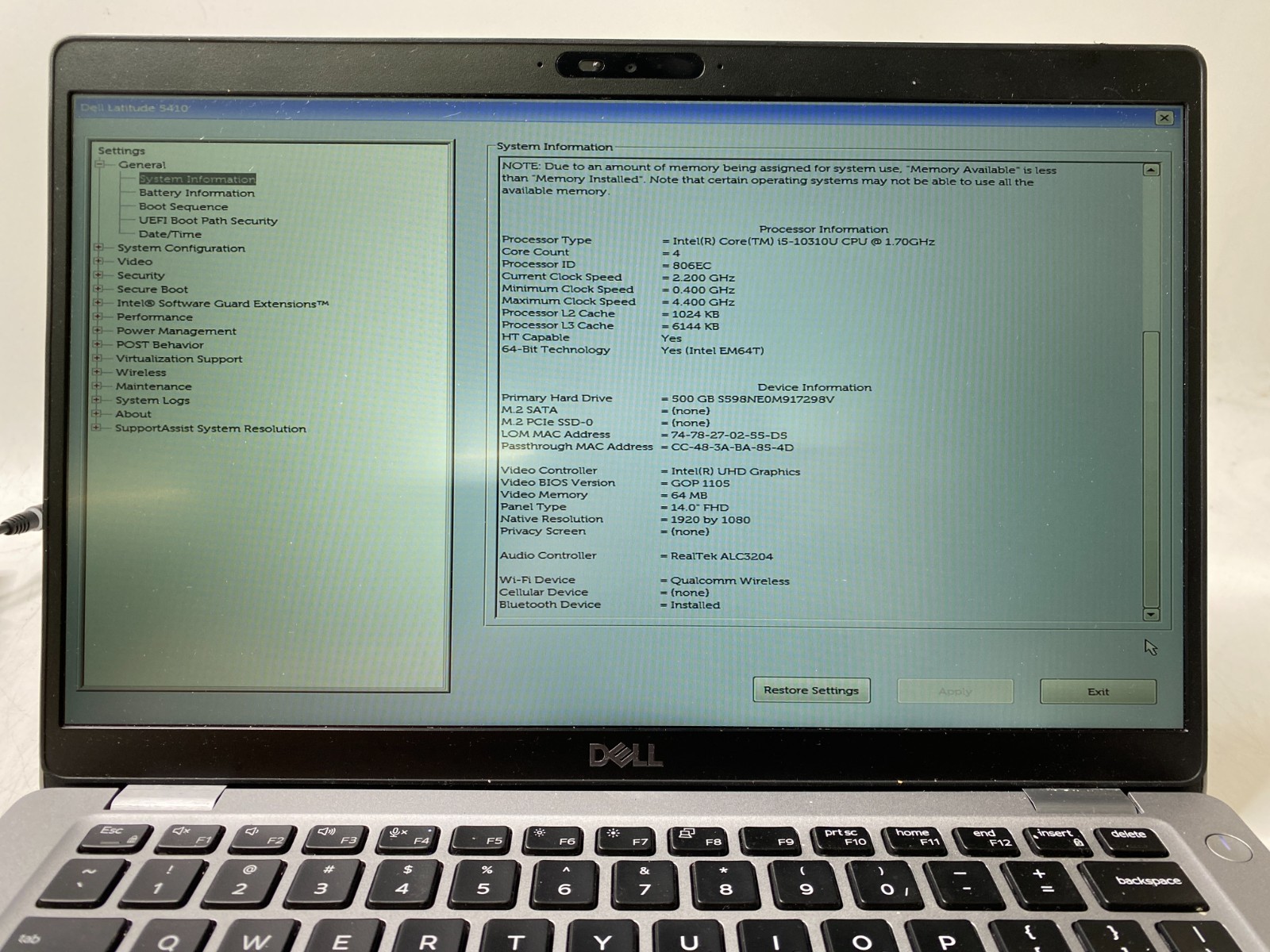 Dell Latitude 5410 14″ Touchscreen i5-10310U 16GB DDR4 500GB SSD Win11H w/AC