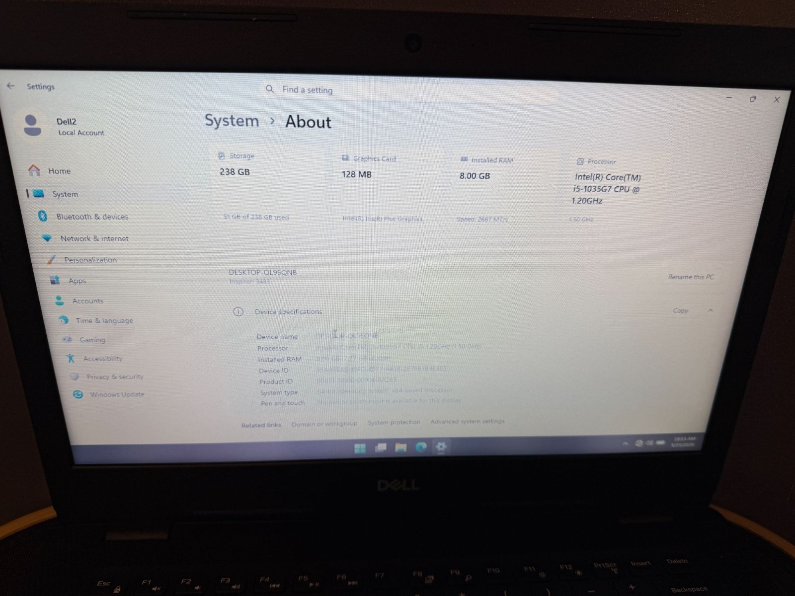 Dell Inspiron 3493 14″ i5-1035G7 1.2GHz 8GB RAM 256GB SSD WIN11 Pro Updated