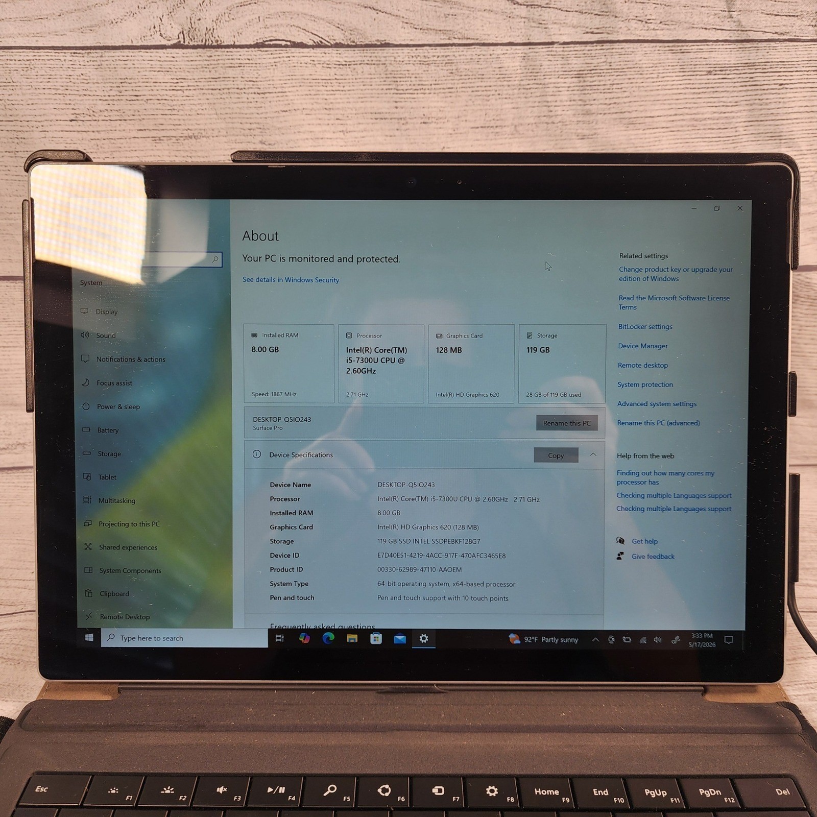 Microsoft Surface Pro 5 1796 Intel i5-7300U 8GB RAM 128GB SSD Windows 10 Pro
