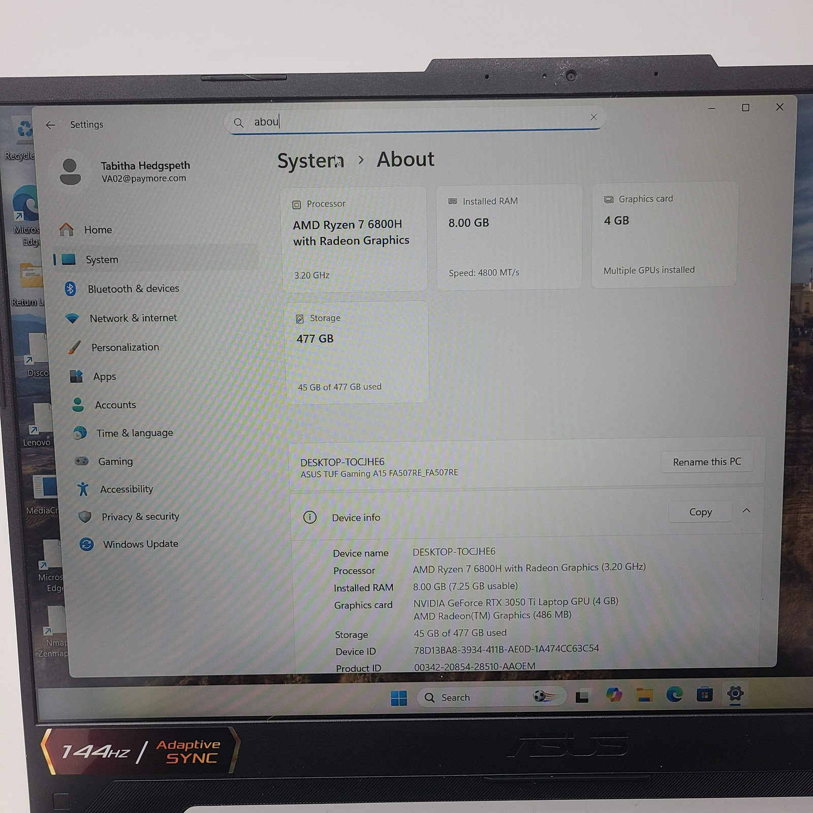 Asus TUF A15 FA507RE 15.6″ Ryzen 7 6800H 3.2GHz 8GB RAM 512GB SSD GeForce RTX