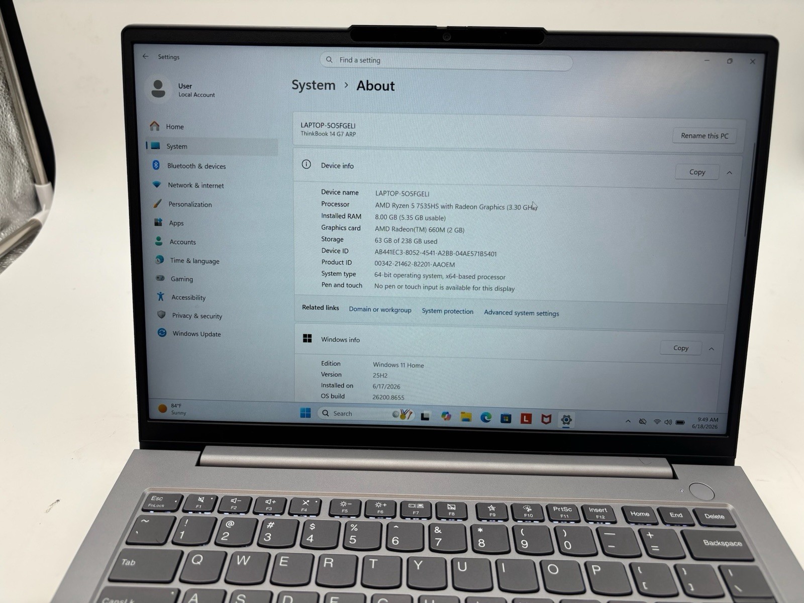 Lenovo ThinkBook 14 G7 ARP 21MV 14″ 256 GB SSD 8 GB RAM Ryzen 5 7535HS