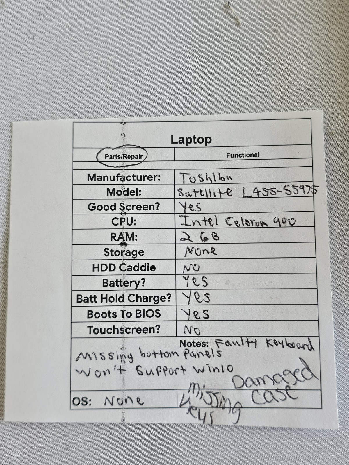 Toshiba Satellite L455-S5975 Laptop – Intel Celeron 900 – Parts/Repair – READ